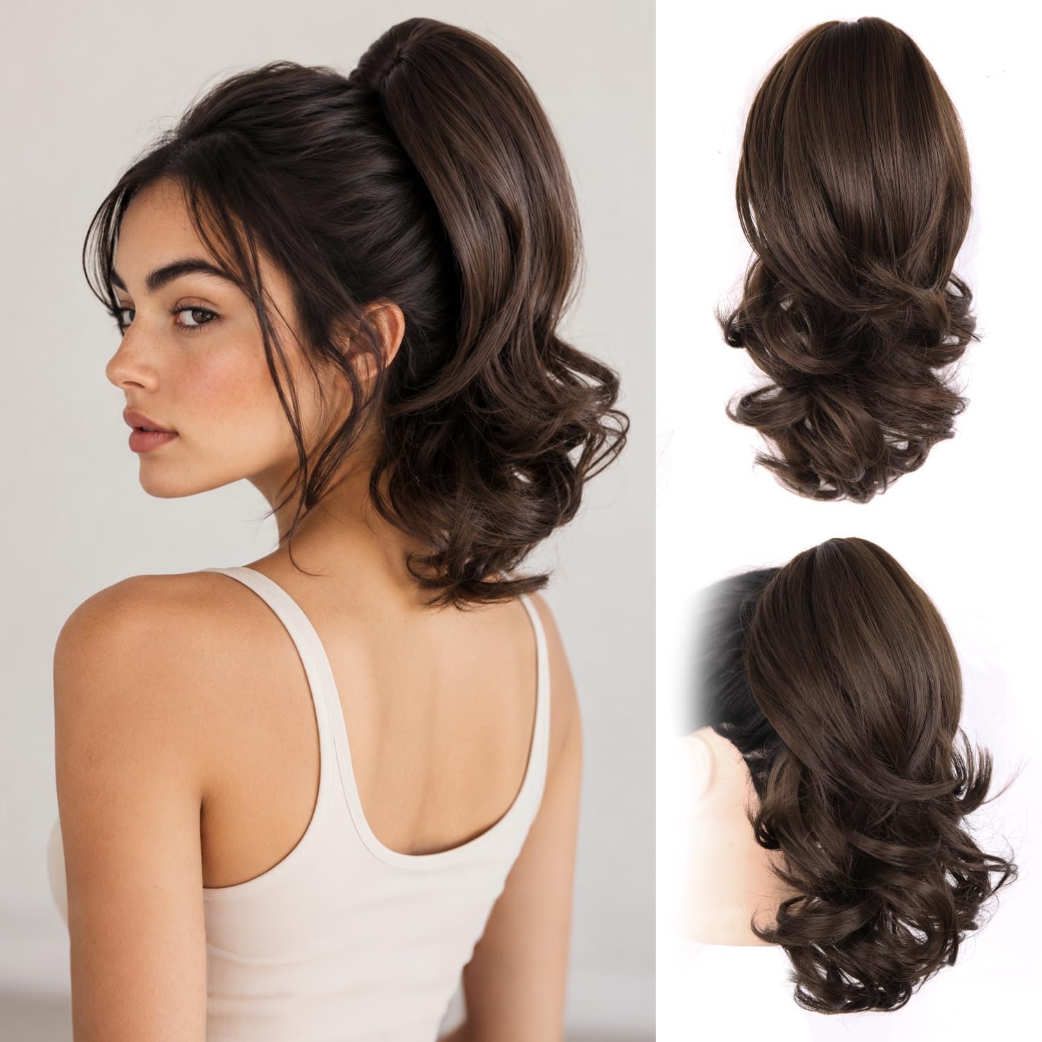 14 Inch Ponytail Extension - Wavy Pony Tails Hair Extensions, Claw Clip Ponytail Extension, Synthetic Hair Extensions Ponytail, Clip on Ponytails for Women (Light Brown With Beige Highlights)