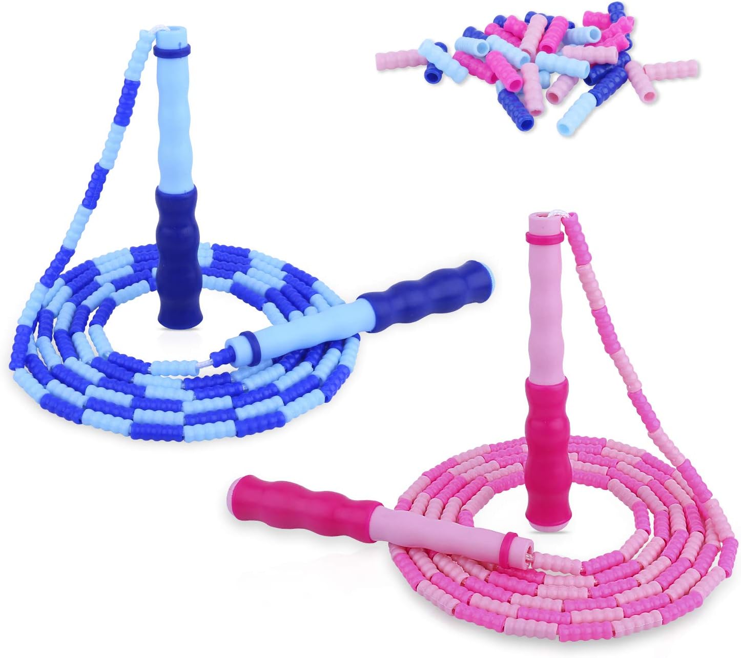 Jump Rope Kids Beaded Jump Rope, 2 Pack with 32 Spare Beads, Soft Segment, Adjustable Length, Tangle Free, for Women Men and Kids Keeping Fit, Workout and Weight Loss - 9 Ft