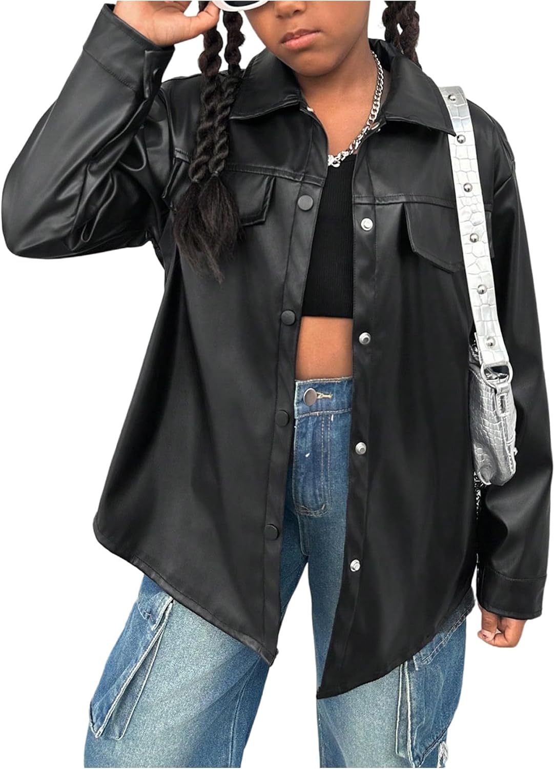 BEAUDRM Girl's Faux PU Leather Jacket Button Down Long Sleeve Collared Coat Outerwear