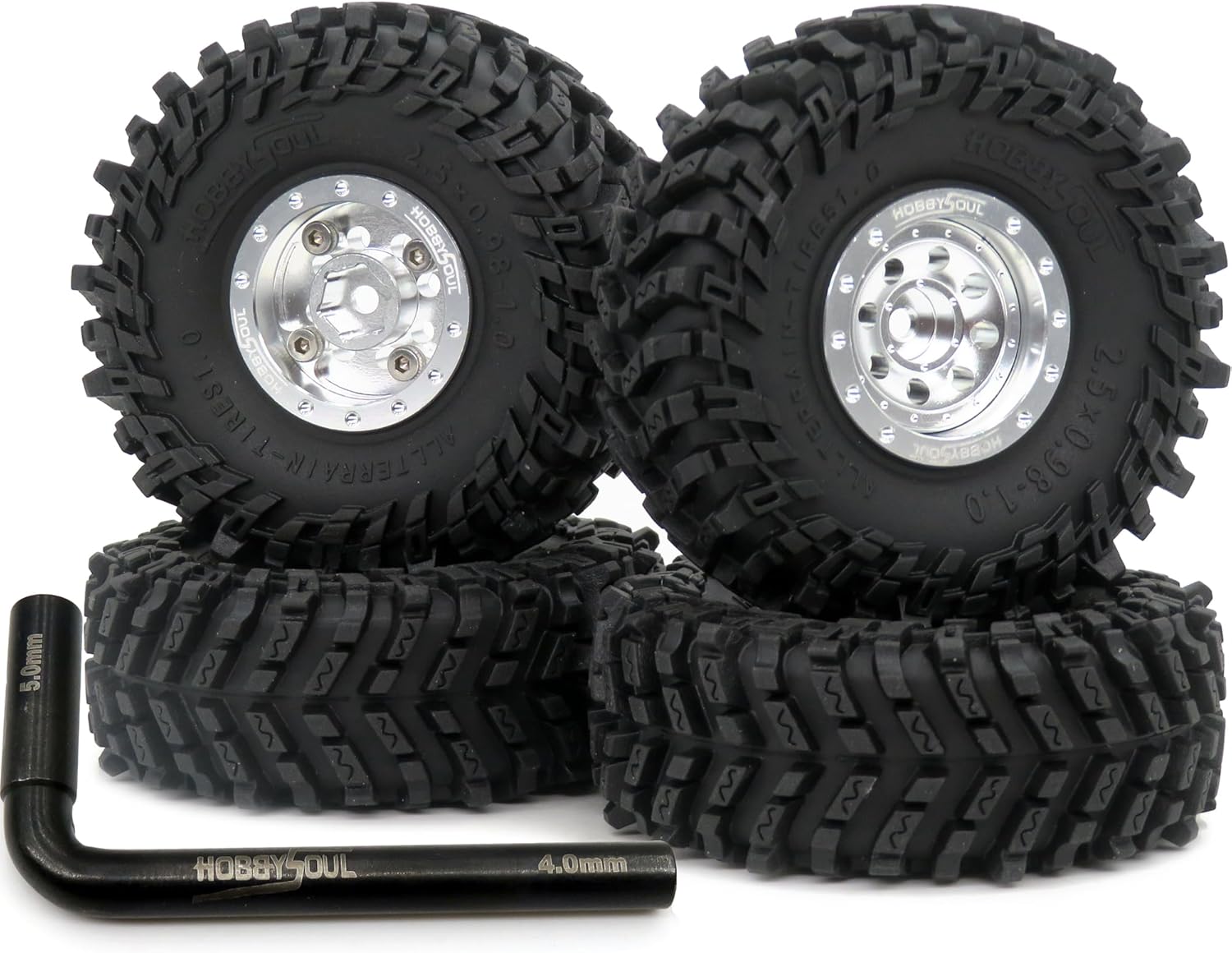 HOBBYSOUL RC 64mm Tall 1.0 beadlock wheels tires, 1.0 Tires Tyres & Metal 1.0 wheels +1mm & -3mm offset Rims Silver For RC Mini Crawler Trail 1/24 SCX24 FMS24 FCX24 1/18 TRX4M