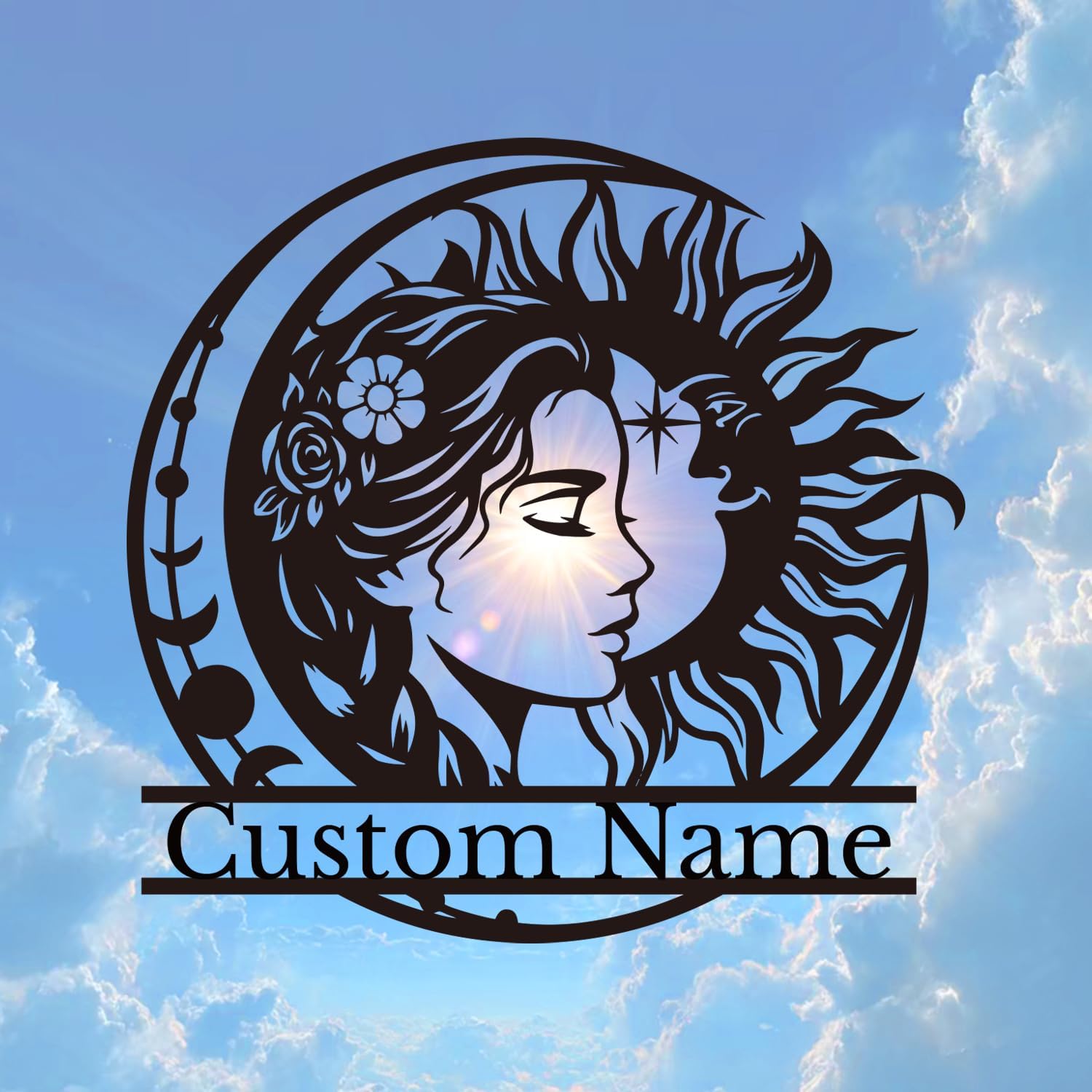 Personalized Sun & Moon Metal Wall Art - Custom Celestial Sign for Home & Garden - Spiritual Gift for Yoga Studios & Nature Lovers (Style-3)