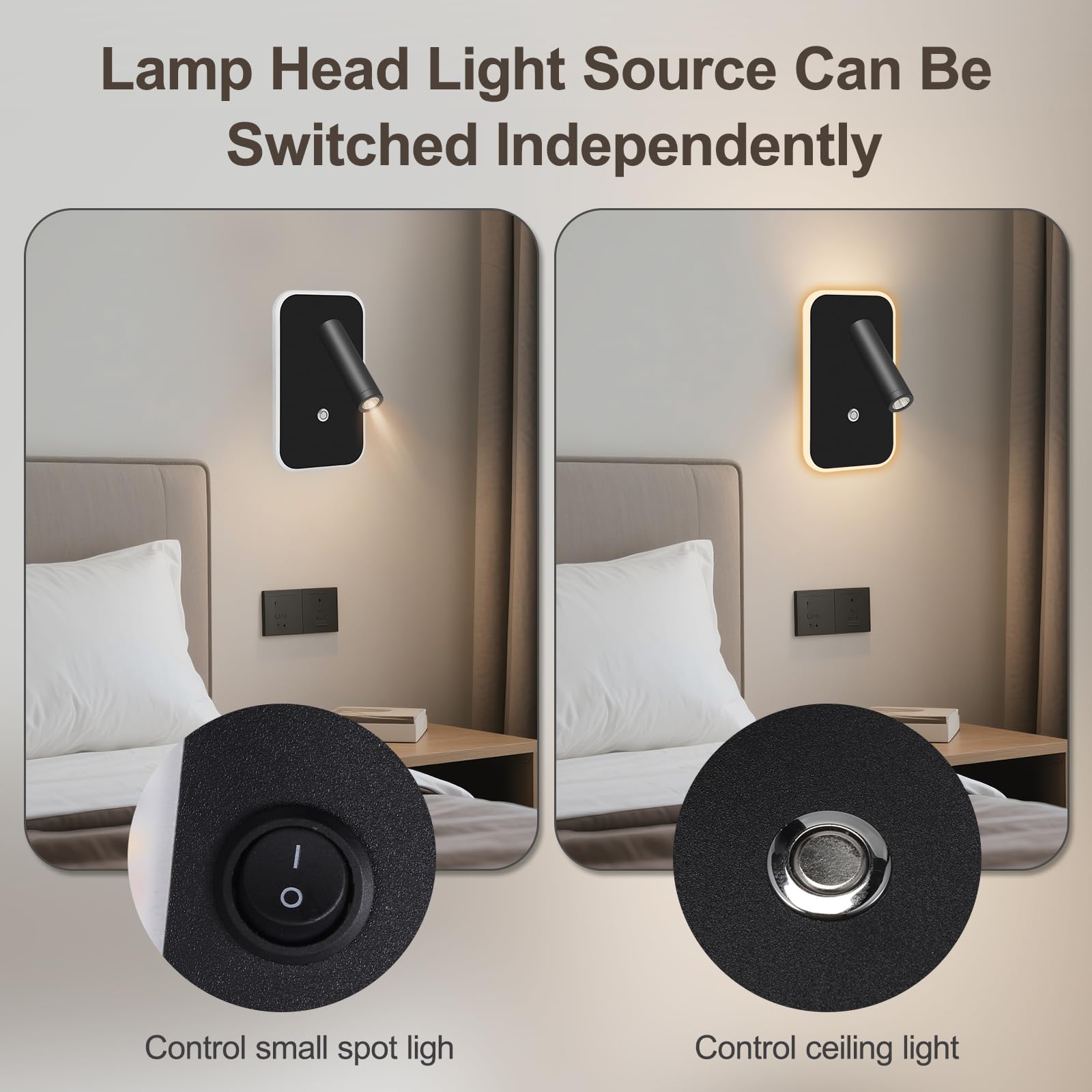 Lampe tête de lit 3W+9W 3000K, lumière de lecture murale avec interrupteur d'atténuation continue et port USB, applique de chevet noir 2 pièces