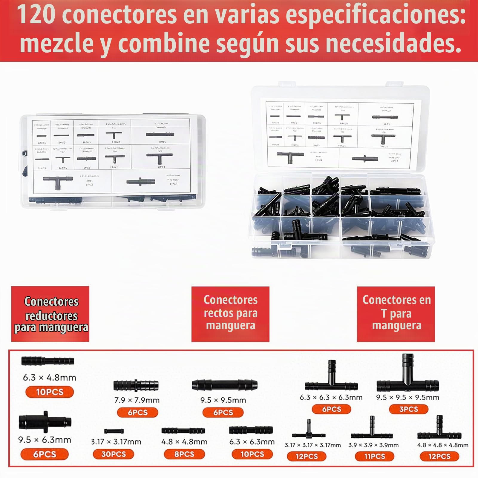 Juego de tubos de vacío de silicona, 3/4/5/6/8/10 mm (2 m cada uno), con 120 conectores, Presión de estallido 130 PSI, Rango de temperatura -40 a 220°C, para sistemas de vacío y agua de coche