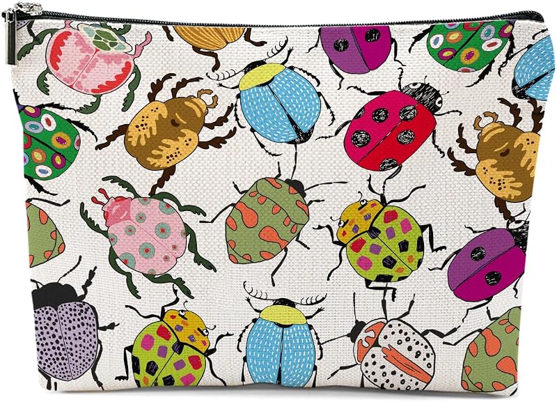 Necessaire retangular XFN com estampa de besouros, zíper e forro, Multicolor 0134