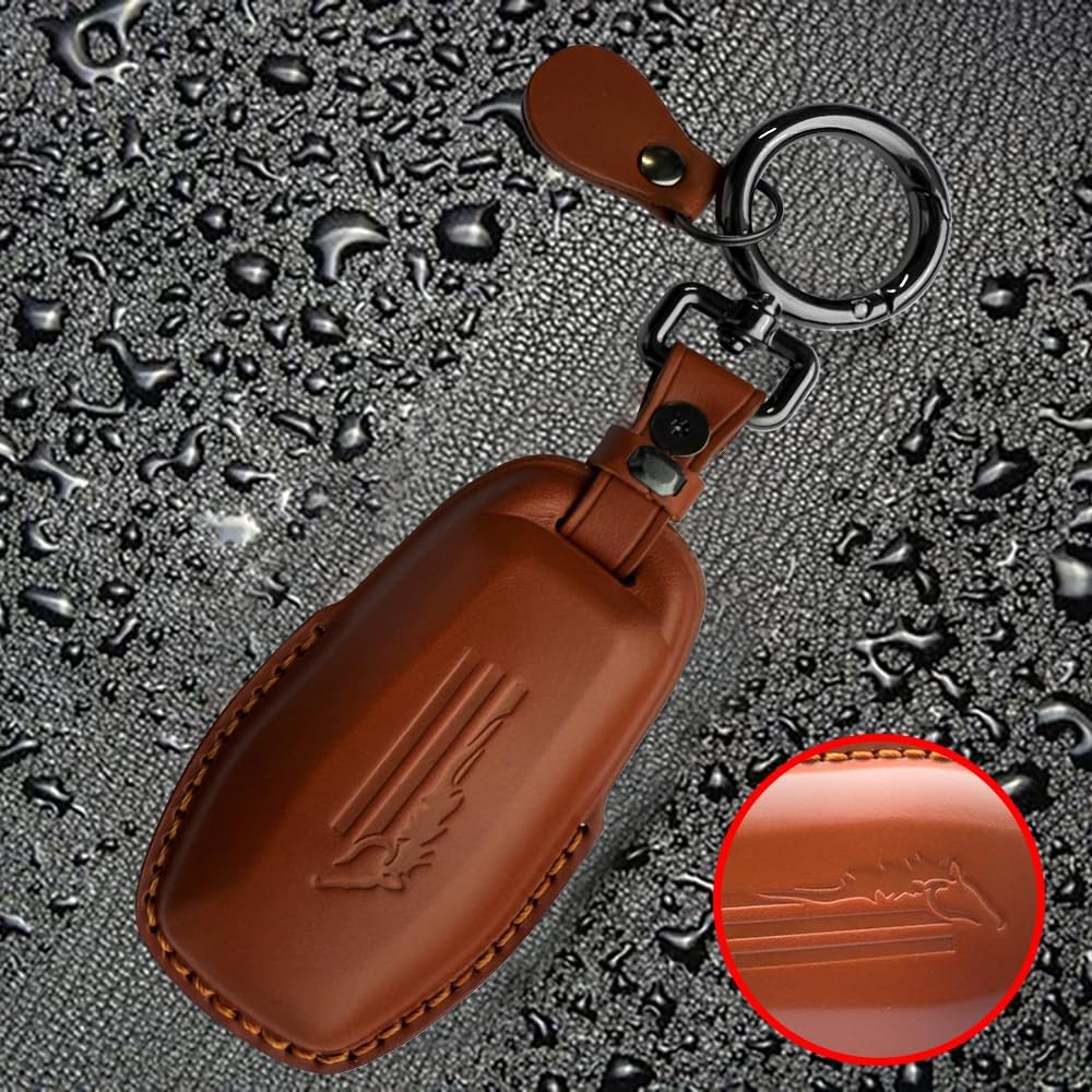 Car Fob Cover Compatible with Ford Mustang. Genuine Leather Key Fob Cover with Keychain (Brown)