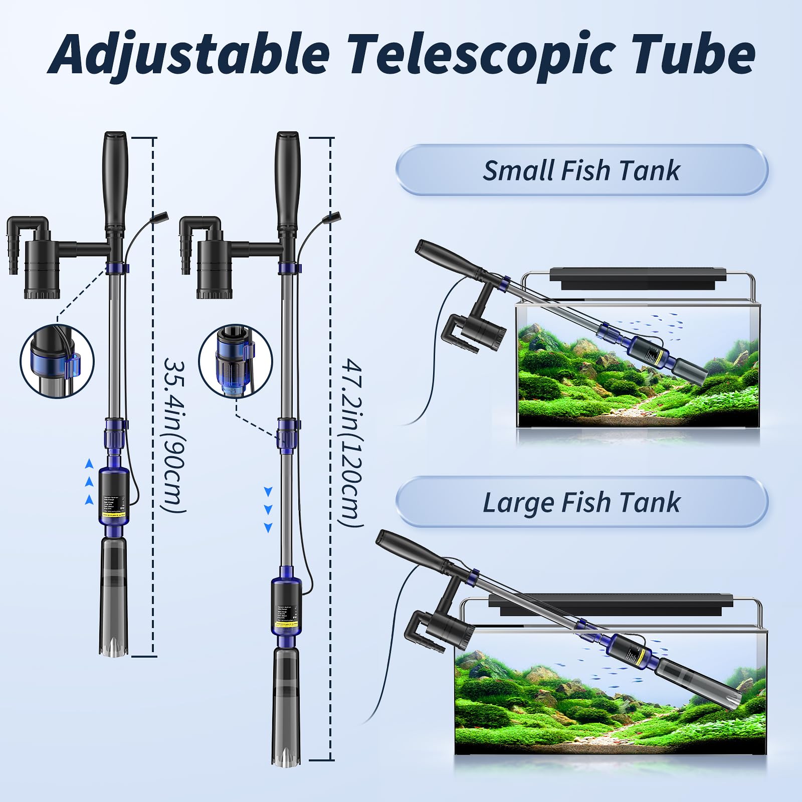 Fish Tank Cleaner, Aquarium Gravel Cleaner, 530GPH/32W Electric Fish Tank Cleaning Tools, Adjustable Water Flow Fish Tank Gravel Cleaner Vacuum, Aquarium Cleaner Kit for Water Chang, Wash Sand (Blue) - image 6