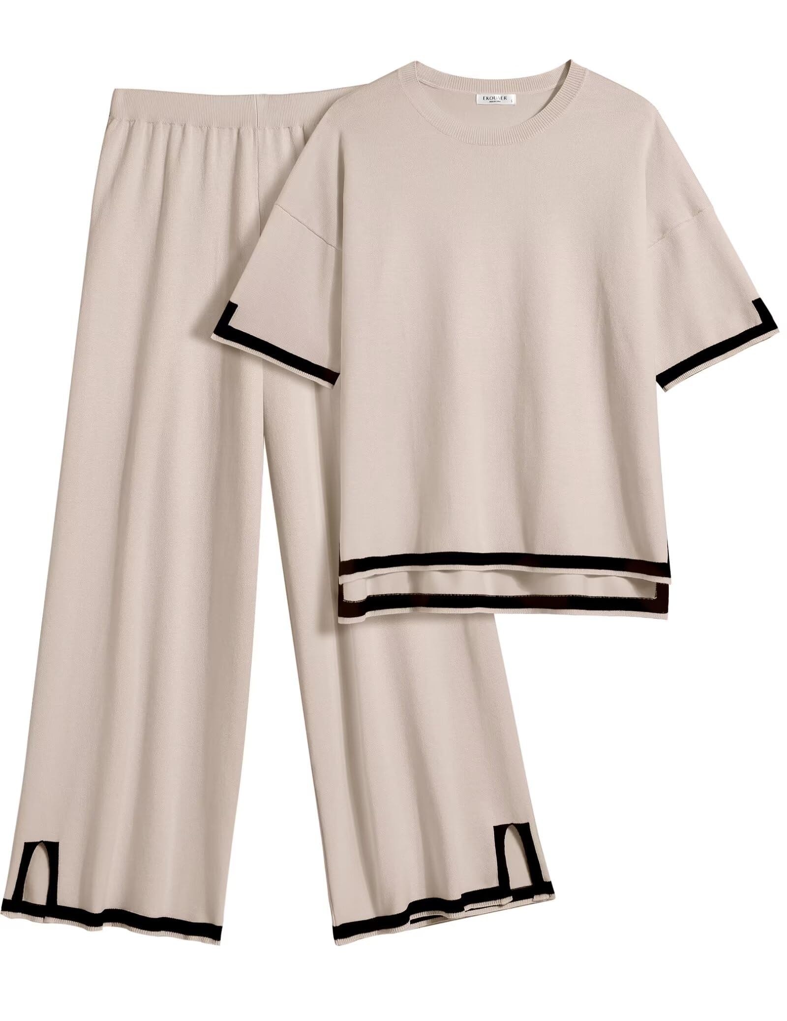 Ekouaer Lounge Set for Women Travel Outfits 2 Piece Sets Short Sleeve Sweater Top Wide Leg Long Pants Loungewear