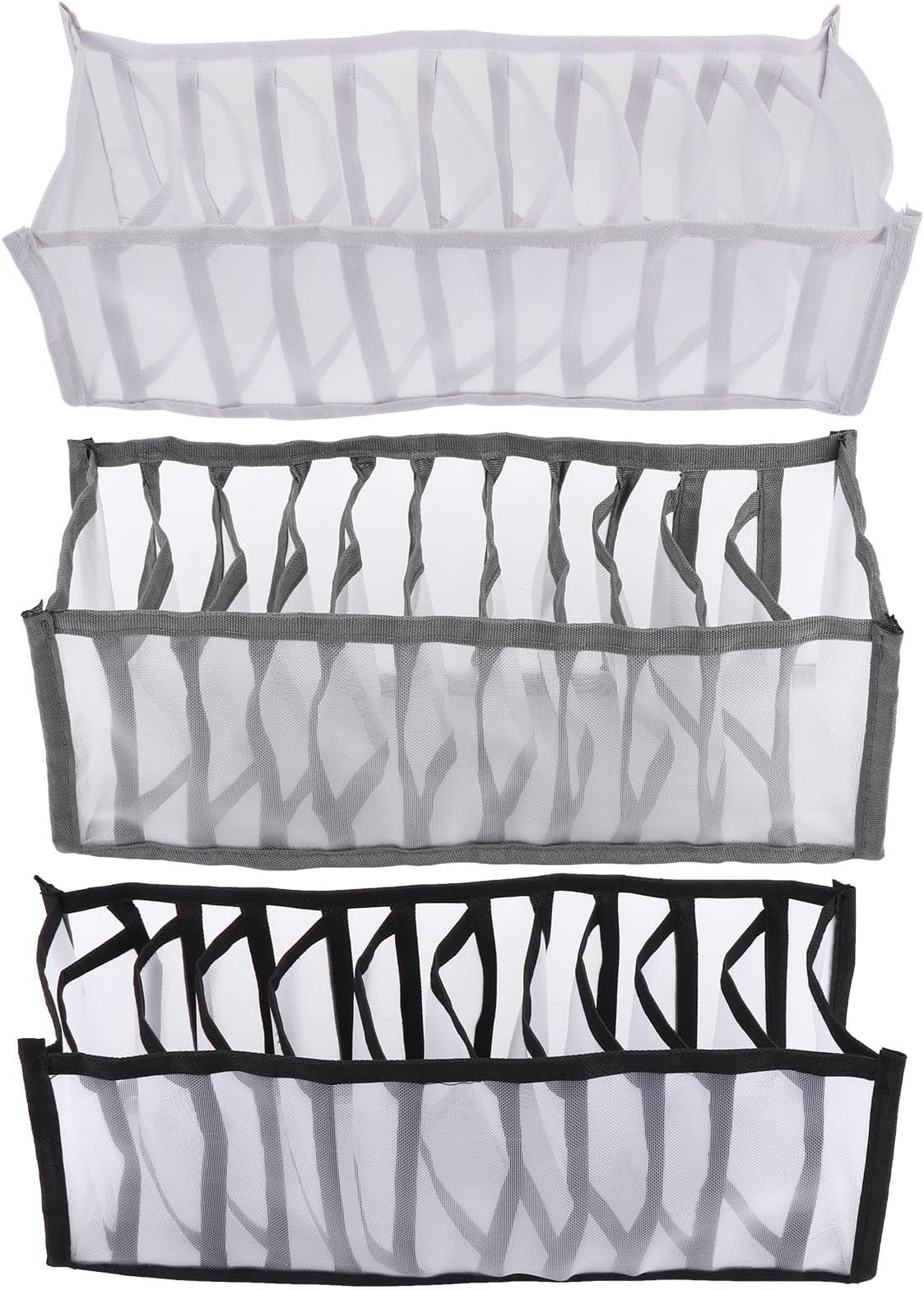 HOMSFOU 3pcs Stackable Socks Storage Boxes Multi-grid Nylon Mesh Drawer Organizers 32x12x12cm Thickened 11-compartment Plastic Stockings Storage Case for Closet and Home Organization