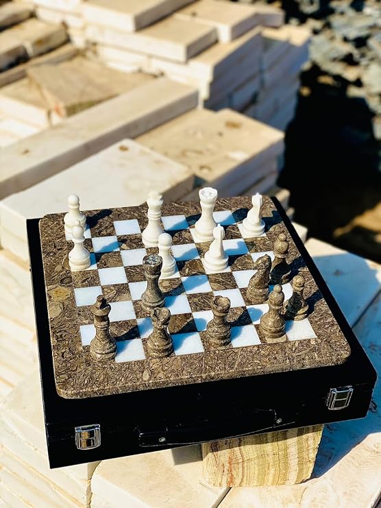 15-Inch Handcrafted Marble Chess Set with Black Faux Leather Gift Box – Premium Stone Chess Board & Pieces (Grey White)