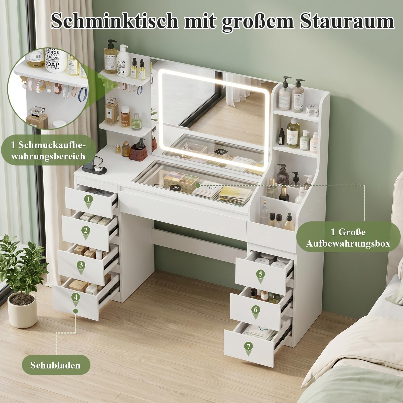 TRIUMPHKEY Schminktisch mit Spiegel und Beleuchtung, 135 cm Schminktisch Groß mit Steckdose, USB, Schubladen & Glasplatte – Weißer Vanity Tisch als Frisiertisch/Dressing Table für Schlafzimmer