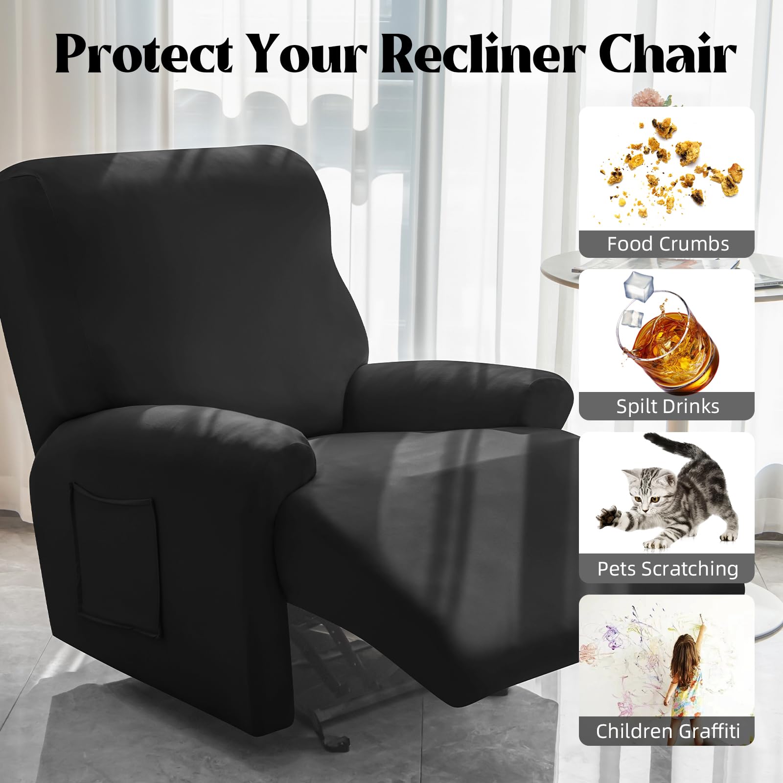 Alishomtll 4 Pieces Recliner Chair Covers, Stretch Recliner Sofa Covers with 2 Side Pockets - Image 4