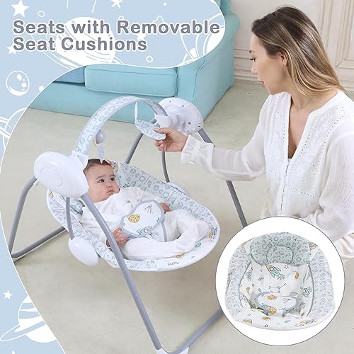 Miniatura 6 de Columpio de bebé para bebé, columpio para recién nacido con música, 5 niveles de velocidad, ajuste de temporización, cojín suave, columpio plegable