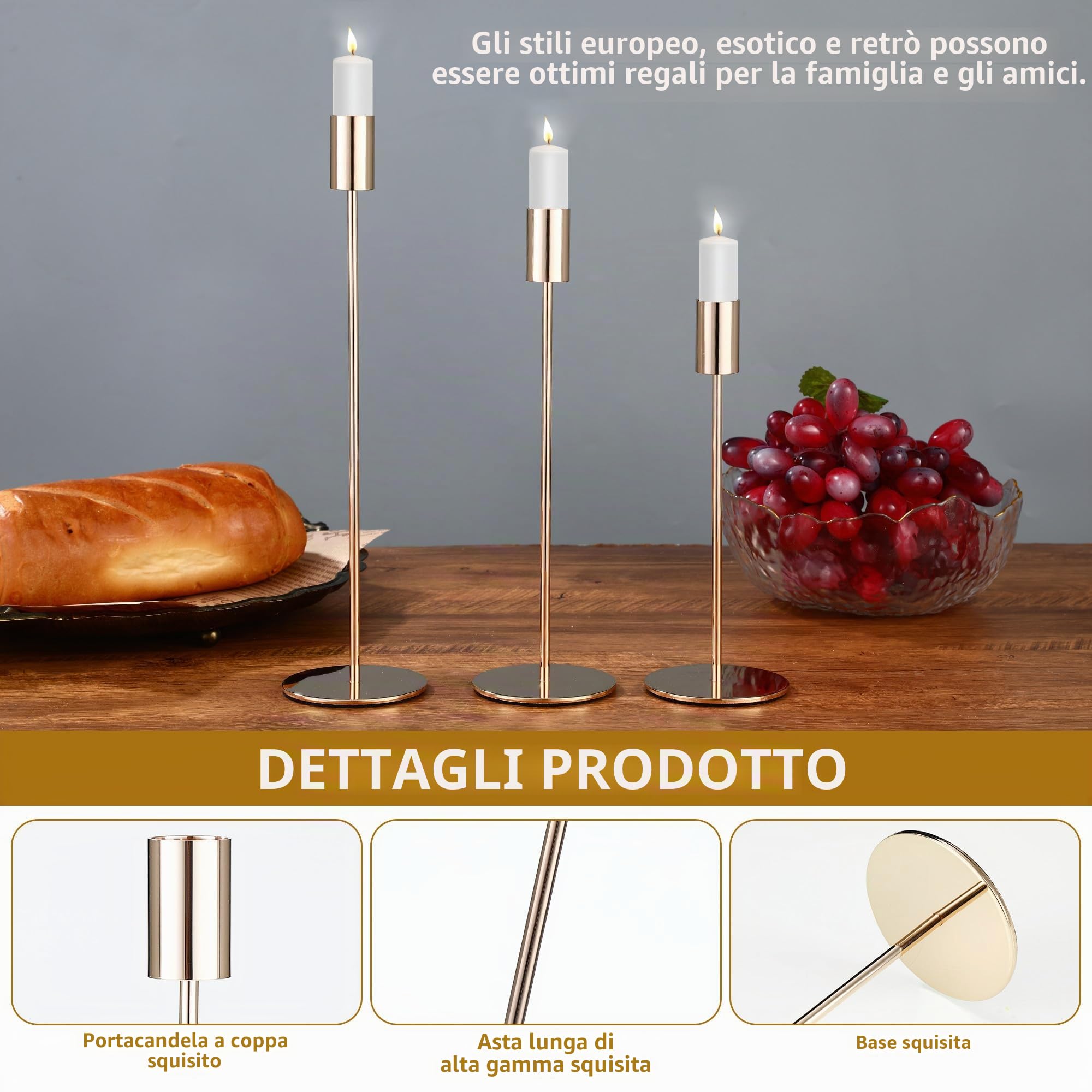 Set Portacandele da 6 pezzi, 6 Candelabro dorati, 3 Porta Candele da Tavolo Cilindrico di diverse altezze. Candelabri è adatto per Porta Candela matrimoni, feste di compleanno e Candele Decorative