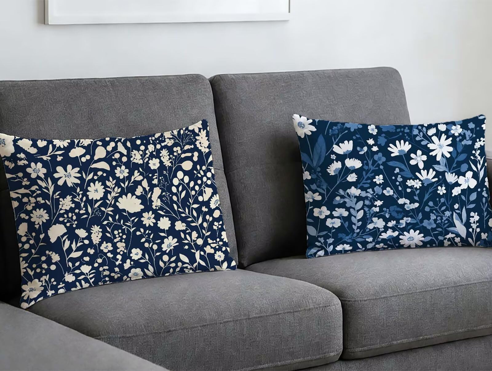 Taie oreiller 40x70 rectangulaire bleu marine et housse de coussin fleur en velours