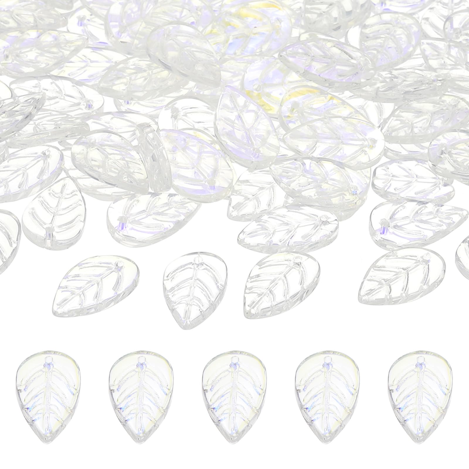 PATIKIL 100Pcs Shiny White Leaf Glass Beads for DIY Jewelry Making, 18mm x 10mm x 3mm