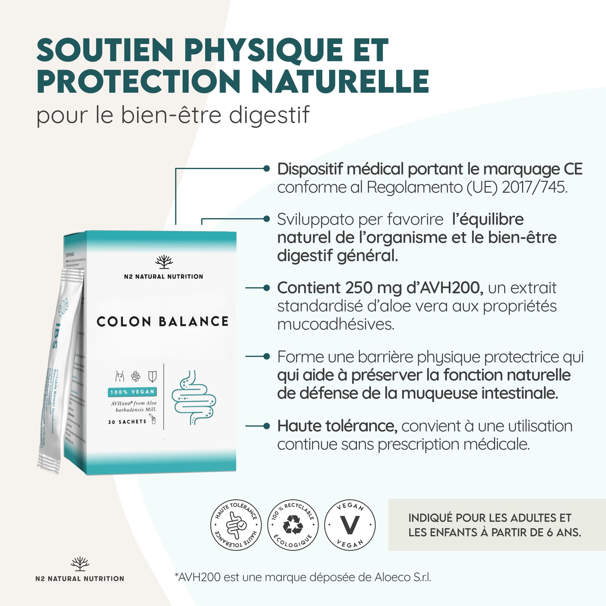 Colon Balance. Syndrome du Côlon Irritable (SCI). Aloe Barbadensis 250 mg. Développé avec l’Université de Göteborg. Traitement 30 jours. Ballonnements et douleurs abdominales. CE. N2 Natural Nutrition