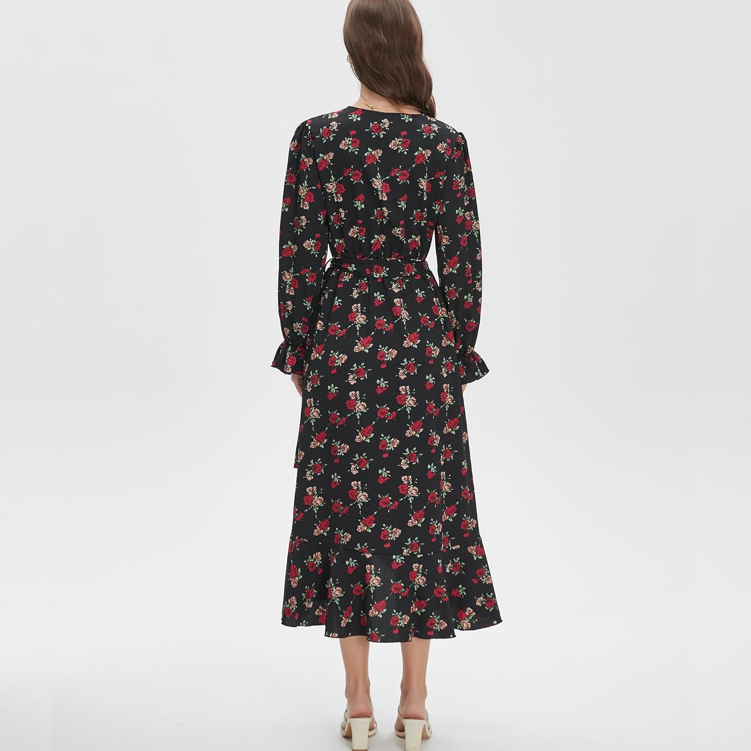 Women's Floral Bohemian Dress Long Sleeve Wrap V Neck Ruffle Flowy Maxi Casual Tie Waist Boho Asymmetrical Vacation Dresses - Image 5