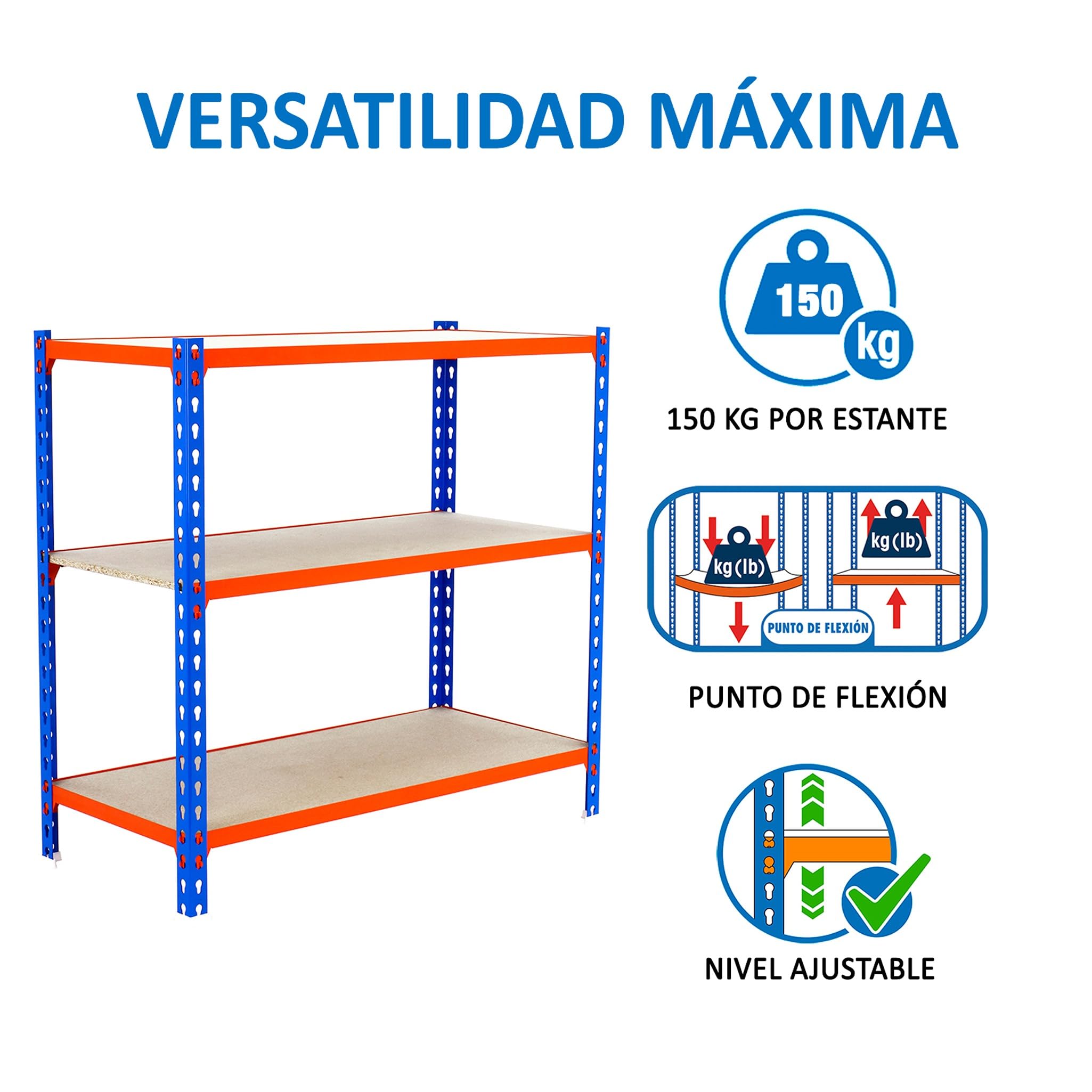 SimonRack Schwerlastregal, Lagerregal, 90x100x30 cm, Metallregal, Kellerregal, Biegestelle 150 kg, 3 Holzfachböden, Blau/Orange/Holz - Maderclick