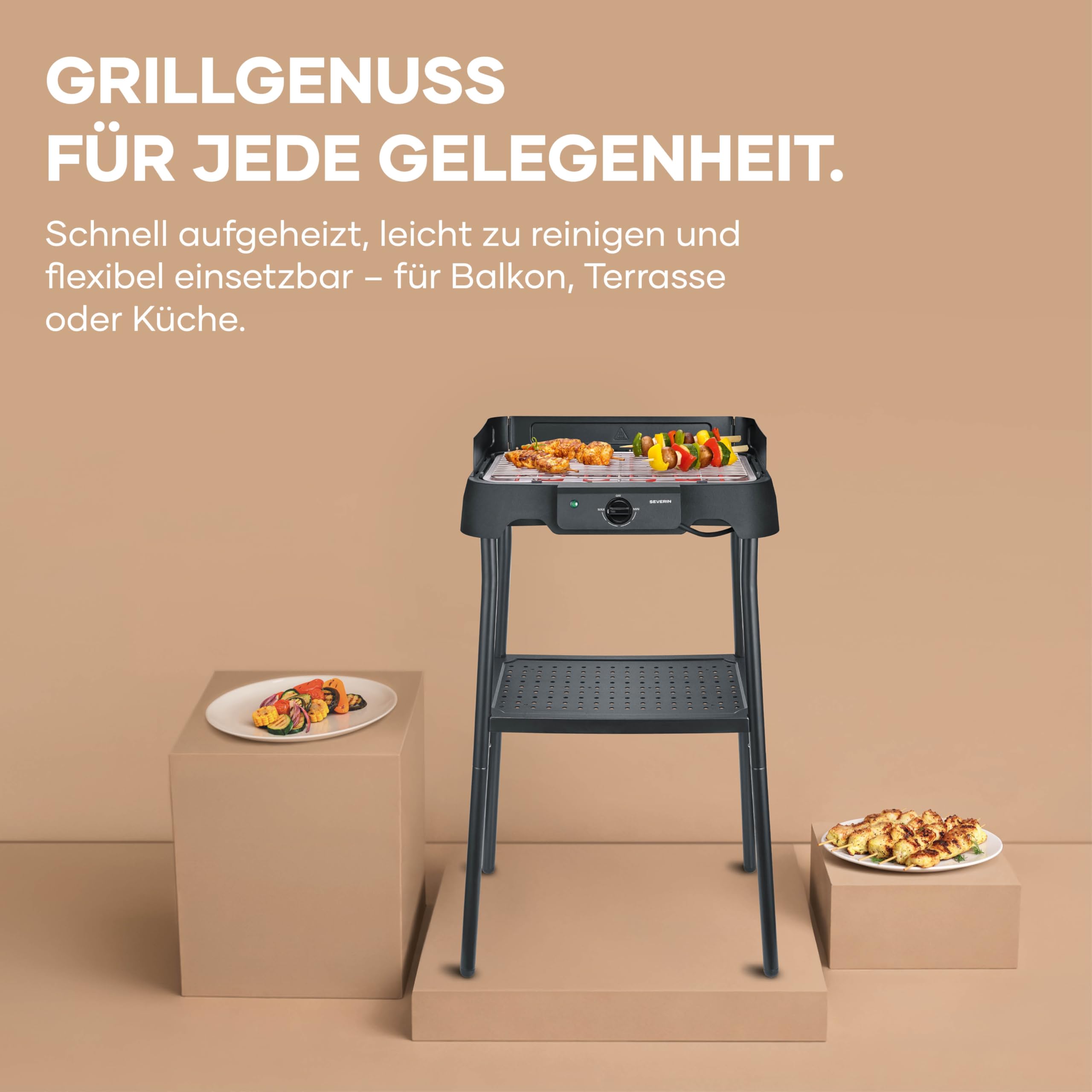 Severin Elektrogrill mit Standfuß, 2000W, 38x22cm, Edelstahl-Grillrost, schwarz