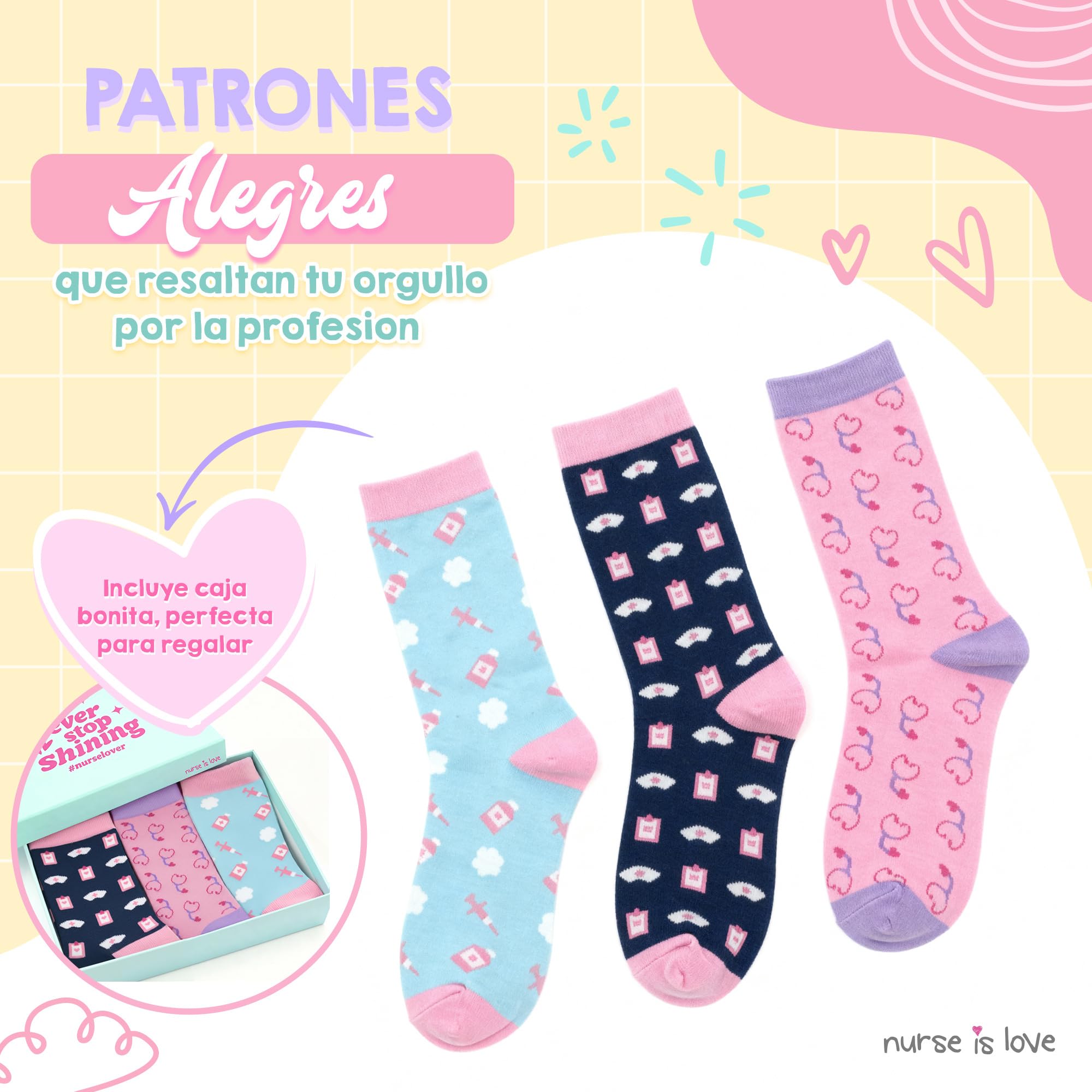 Nurse is Love Set Calcetines Mujer Divertidos para Enfermeras de Ideal para TCAE, Medicos, Vet | Ajusta Con Zuecos Sanitarios Mujer | Regalos Originales | Accesorios Enfermeria