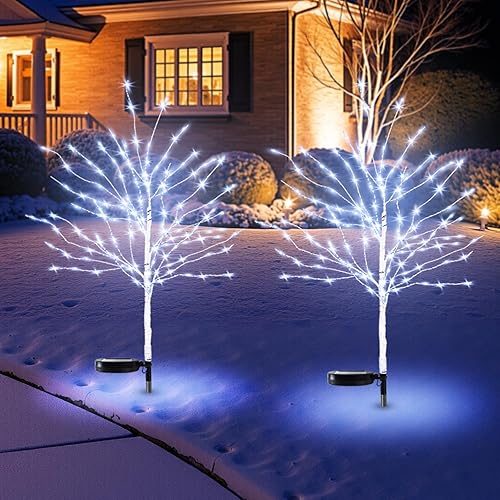 2 piezas de decoración de Navidad solar al aire libre, estacas de árbol de abedul de 35 pulgadas con 140 LED, 8 modos, luces de jardín de camino