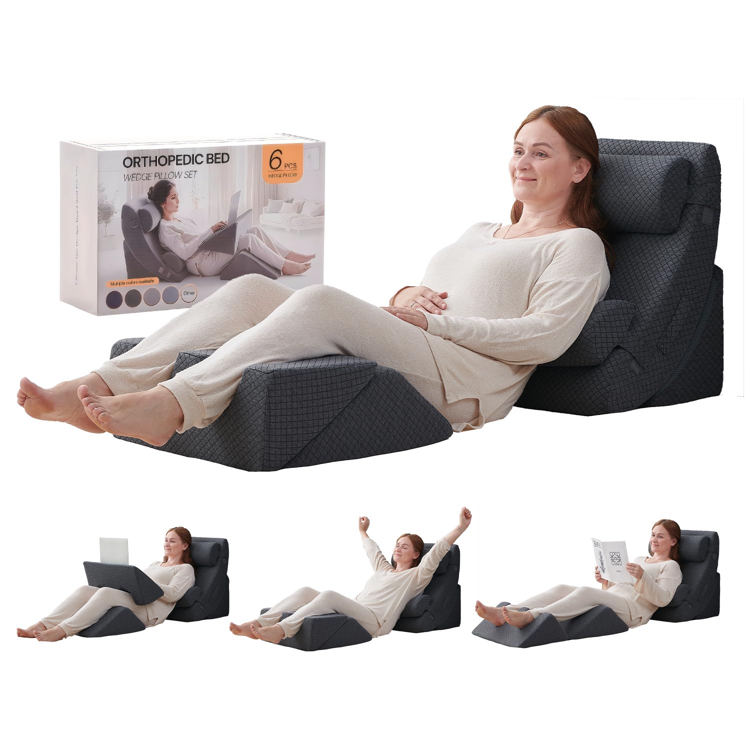 Axelrod Melange Gray 6Pcs Orthopedic Bed Wedge Pillow Set, Post Surgery Foam For Back, Neck And Leg Pain Relief Comfortable & Adjustable Pillows- Anti Snoring, Heartburn, Acid Reflux & Gerd Sleeping