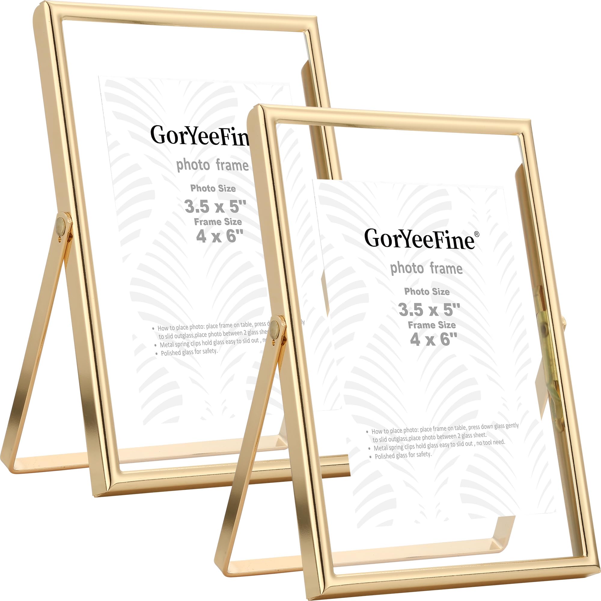 Gold 4x6 Floating Picture Frame 2pack for Photo Size (2x3'',3.5x5''),Adjustable Tabletop/Shelf floating Frame,Classy Metal Gift Frames for Wedding,Christmas,Birthady,Home or Office Decor.