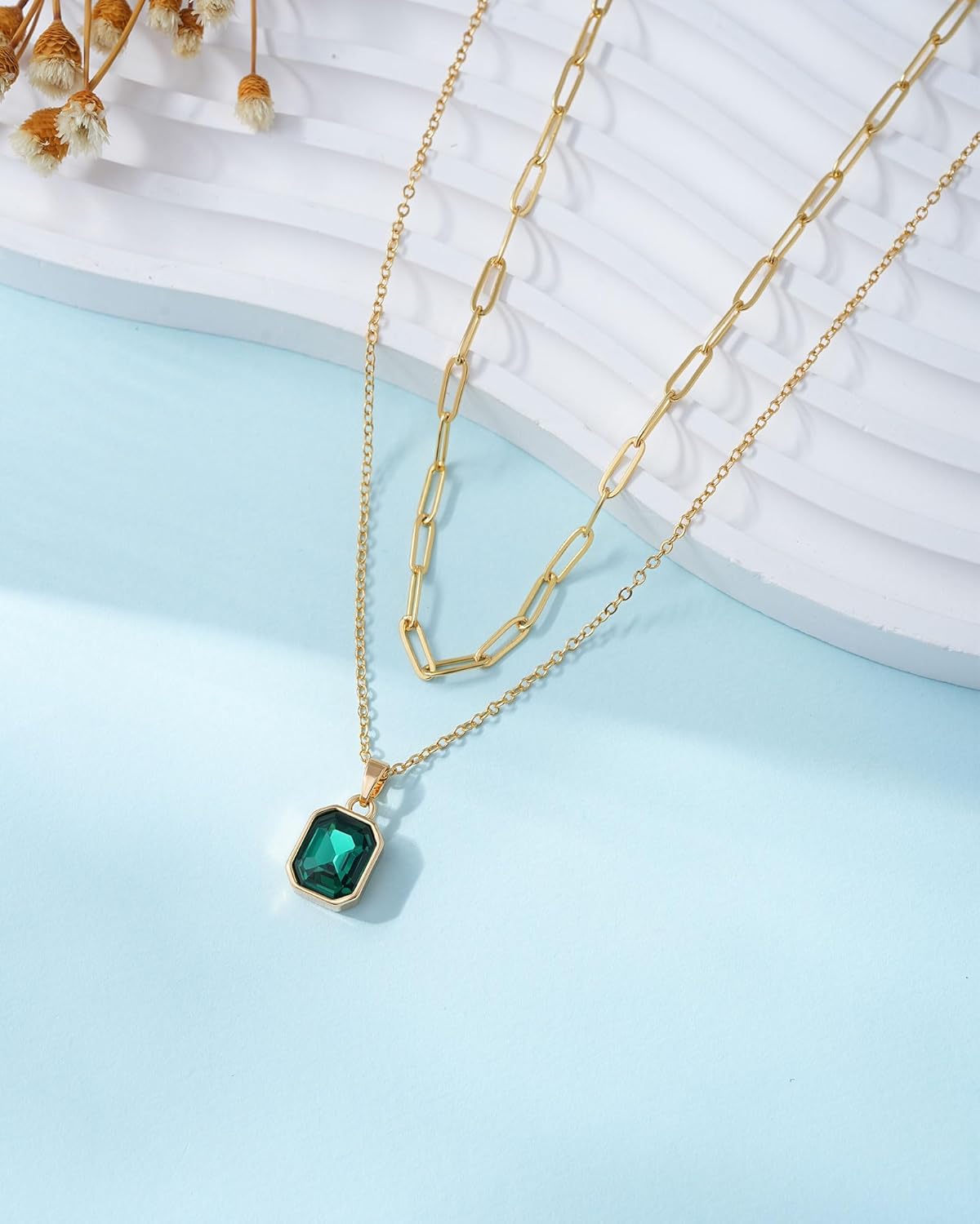 Gold Layered Necklaces for Women, 18k Gold Plated Crystal Necklace Paperclip Choker Emerald Green Jewelry for Women Gifts - Image 7