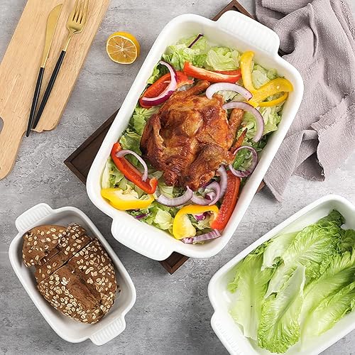 Miniatura 3 de Sweejar Juego de moldes para hornear, de cerámica de 9 x 13 pulgadas con asa, cazuela rectangulares para horno, juegos de 3 utensilios para hornear