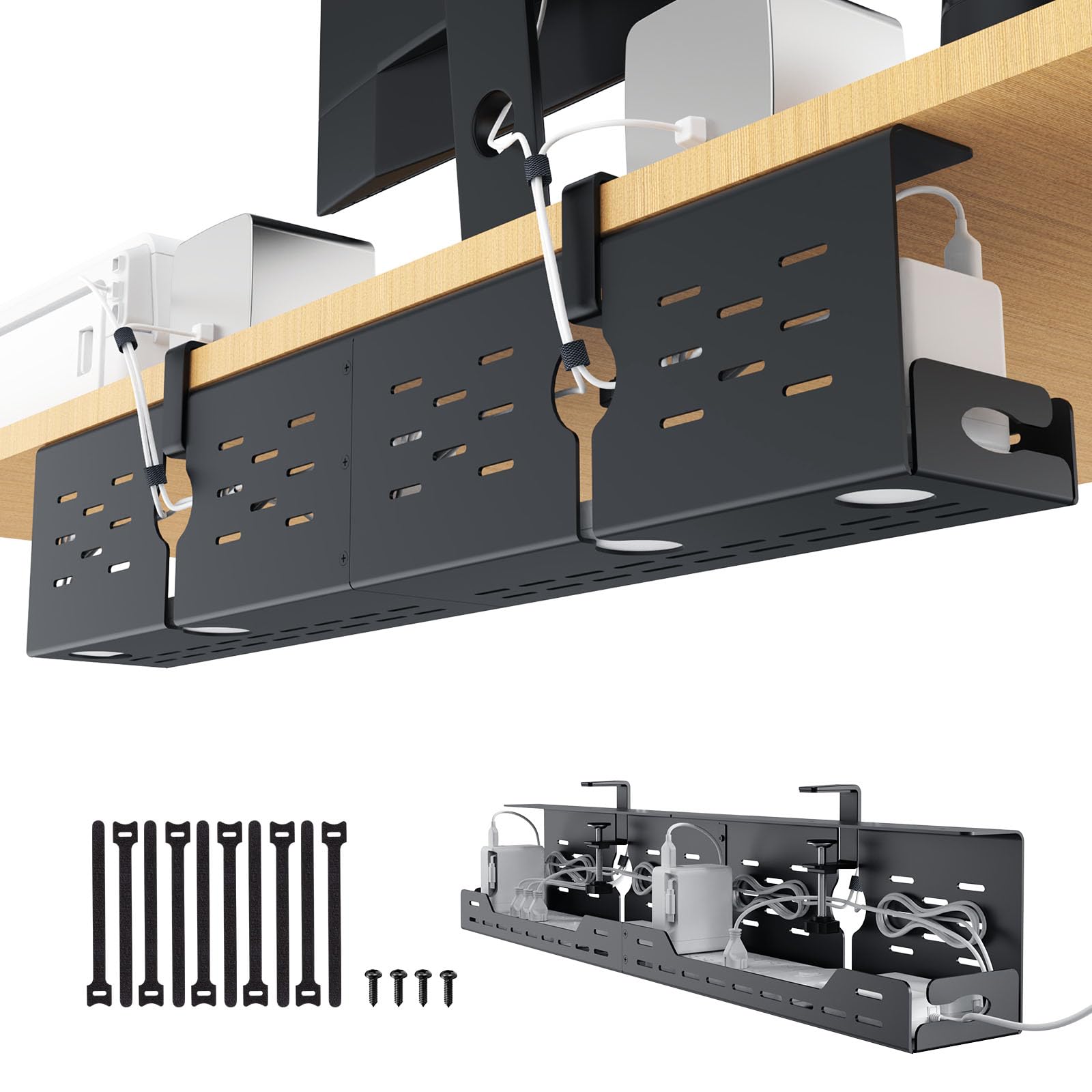 Univivi Under Desk Cable Management Tray - 32" Steel Cord Organizer, No-Drill C-Clamp & Screw Mount for Office/Home, Effortless Wire Management (Black)