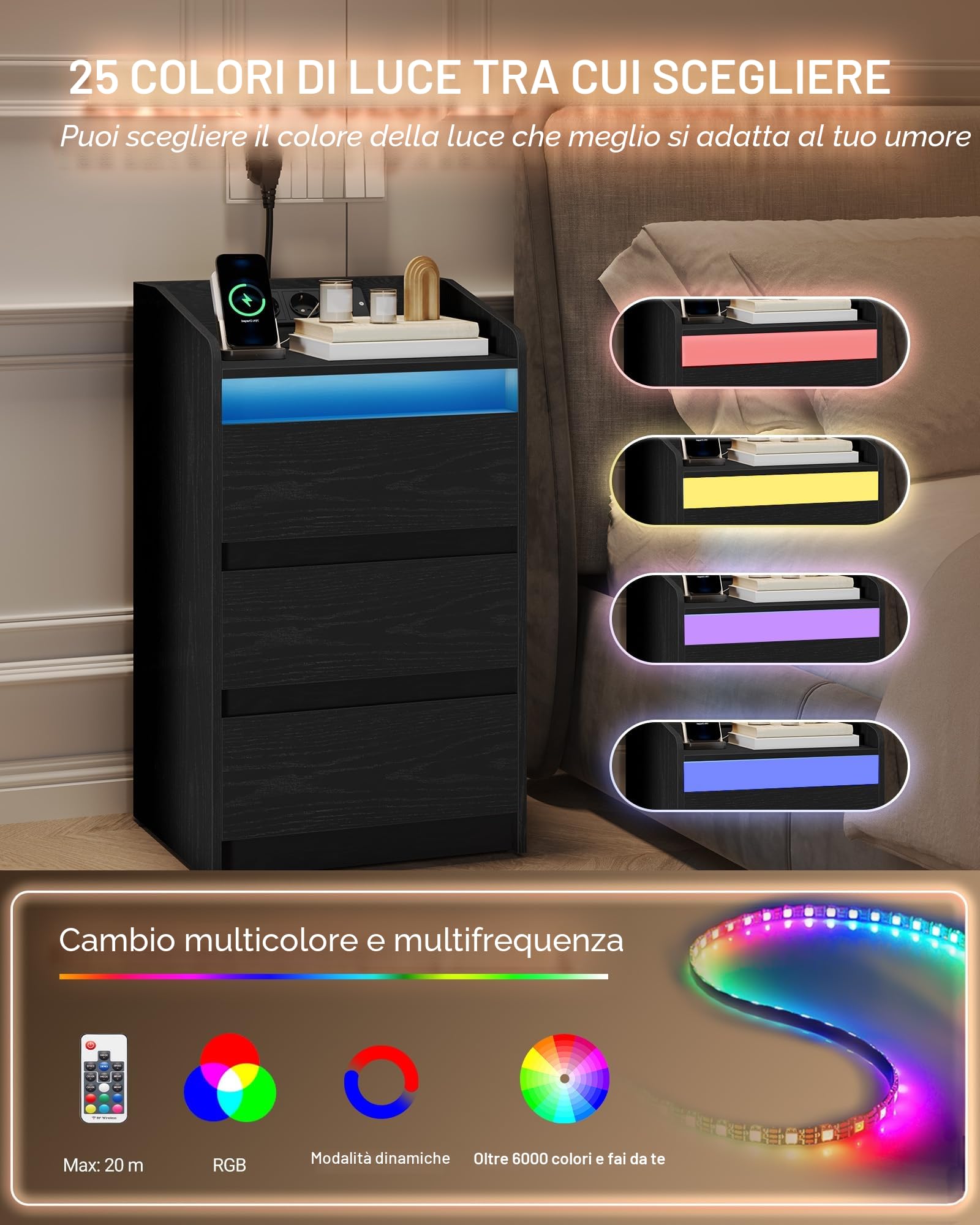 Hzuaneri Comodino Set di 2 con 3 Cassetti, Tavolino con Stazione di Ricarica LED, 2 Prese CA e 2 Porte USB per Camera da Letto, Soggiorno, Nero NS40104X