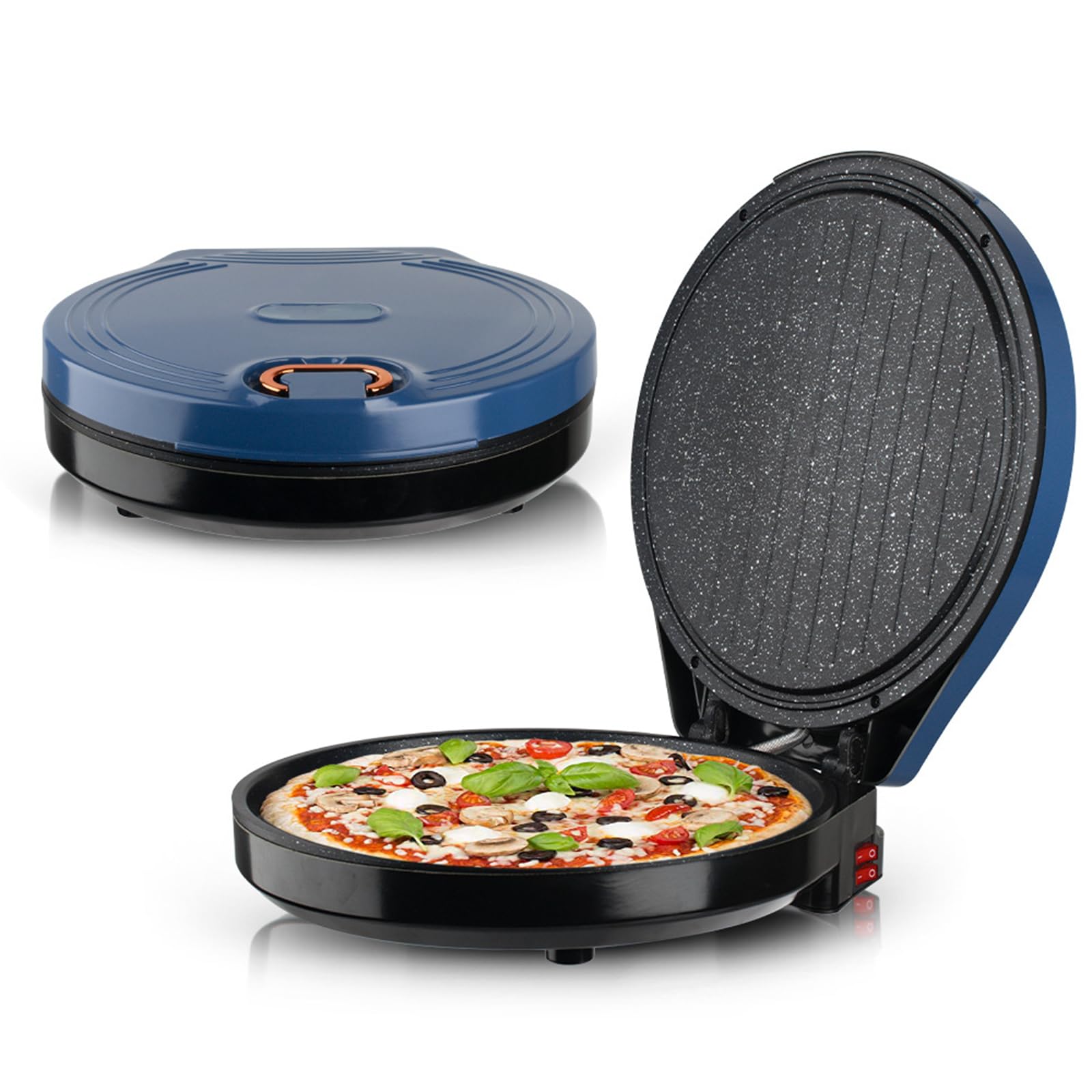 Macchina per pizza da tavolo, forno portatile da 1800 W con controllo della temperatura indipendente, superficie antiaderente per riscaldamento rapido, per pizza, crepes, frittate, frittate