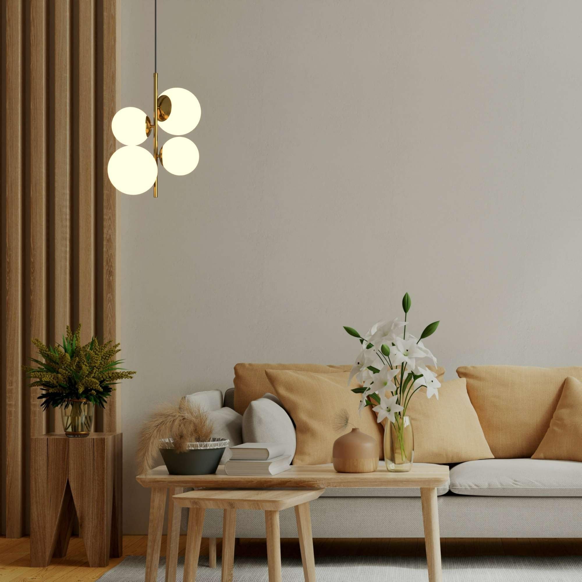 BARCELONA LED Lampadario a Sospensione con 4 Sfere in Vetro Opalino Bianco, Corpo in Metallo Oro/Rame, Moderno e Retrò, Ideale per Camera, Ufficio, Scale, Sala da Pranzo, Caffè, Ingresso