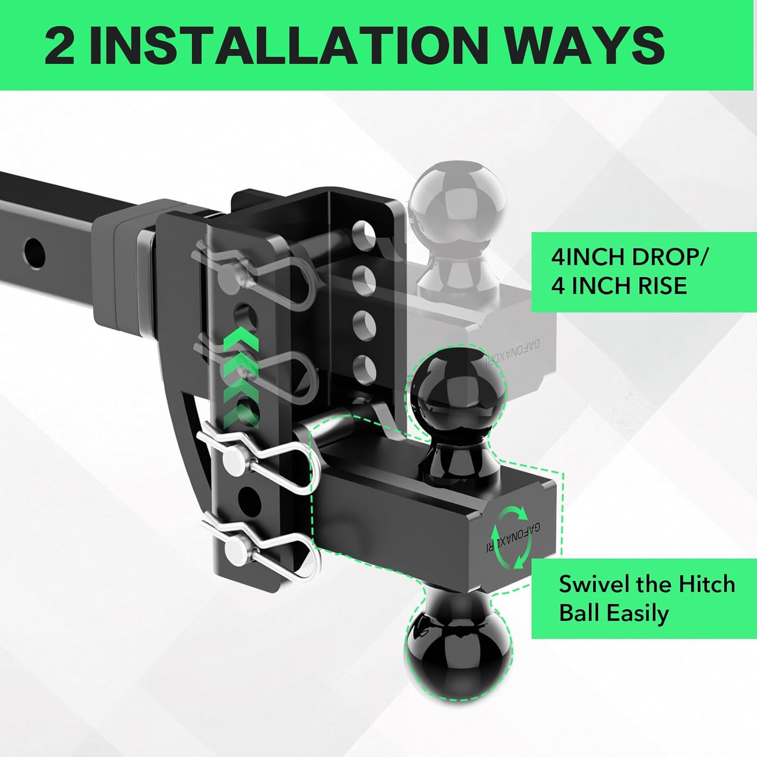 Adjustable Trailer Hitch for 2 Inch Hitches Receiver, Extra Heavy Duty 22,000 LBS Towing Weight, 2'' & 2-5/16'' Tow Dual Ball, 4'' Drop/Rise, Bulletproof Pin Lock, Anti Rust, Anti Rattle, Black