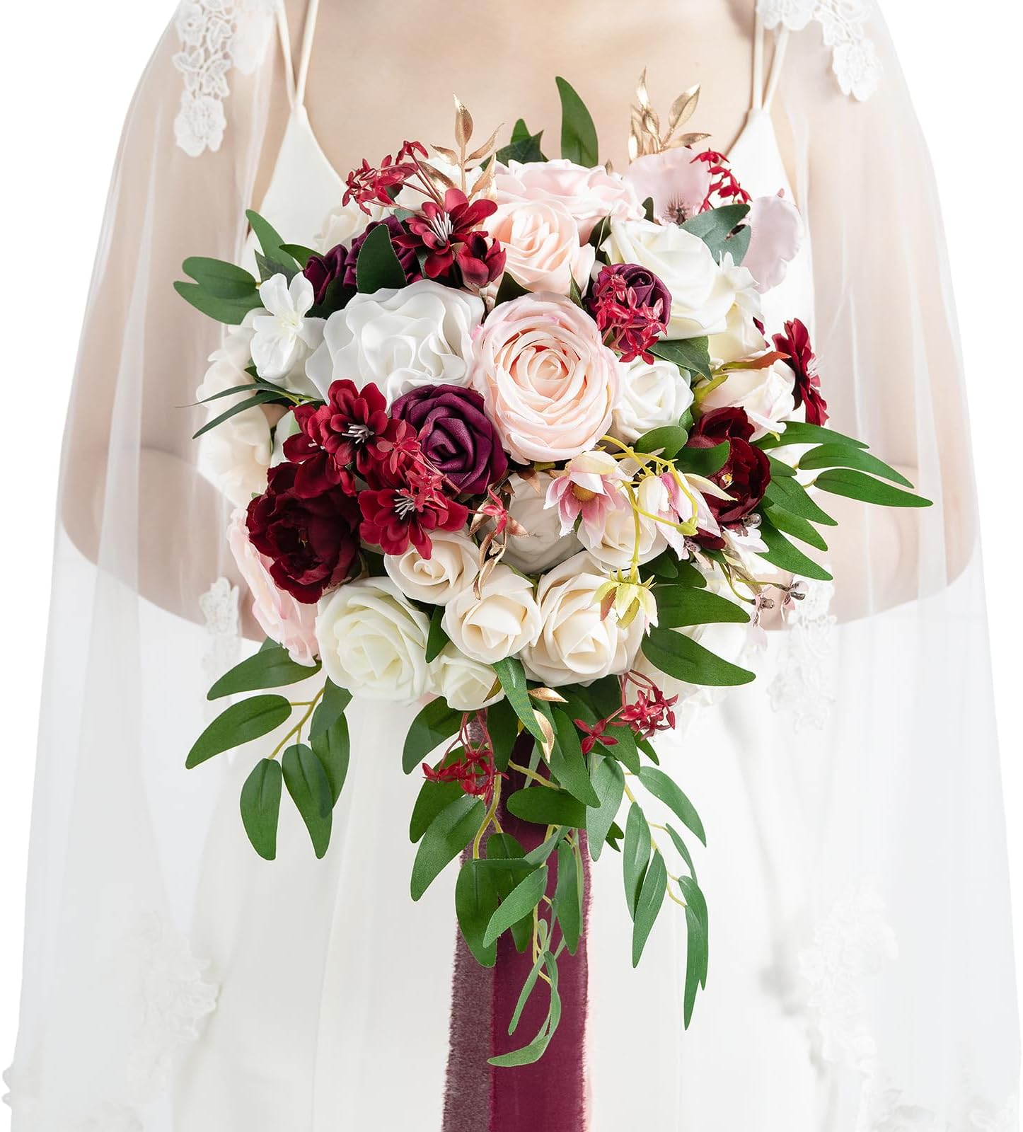 Ling's moment Burgundy Bridal Bouquet for Bride, 13 Inch Romantic Marsala Wedding Bouquets for Bride, Silk Round Artificial Wedding Flowers Bouquets