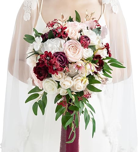 Ling's Moment Burgundy Bridal Bouquet, 11 Inch Marsala Blush Wedding Bouquets for Bride, Silk Round Bridal Bouquets for Wedding, Ceremony,