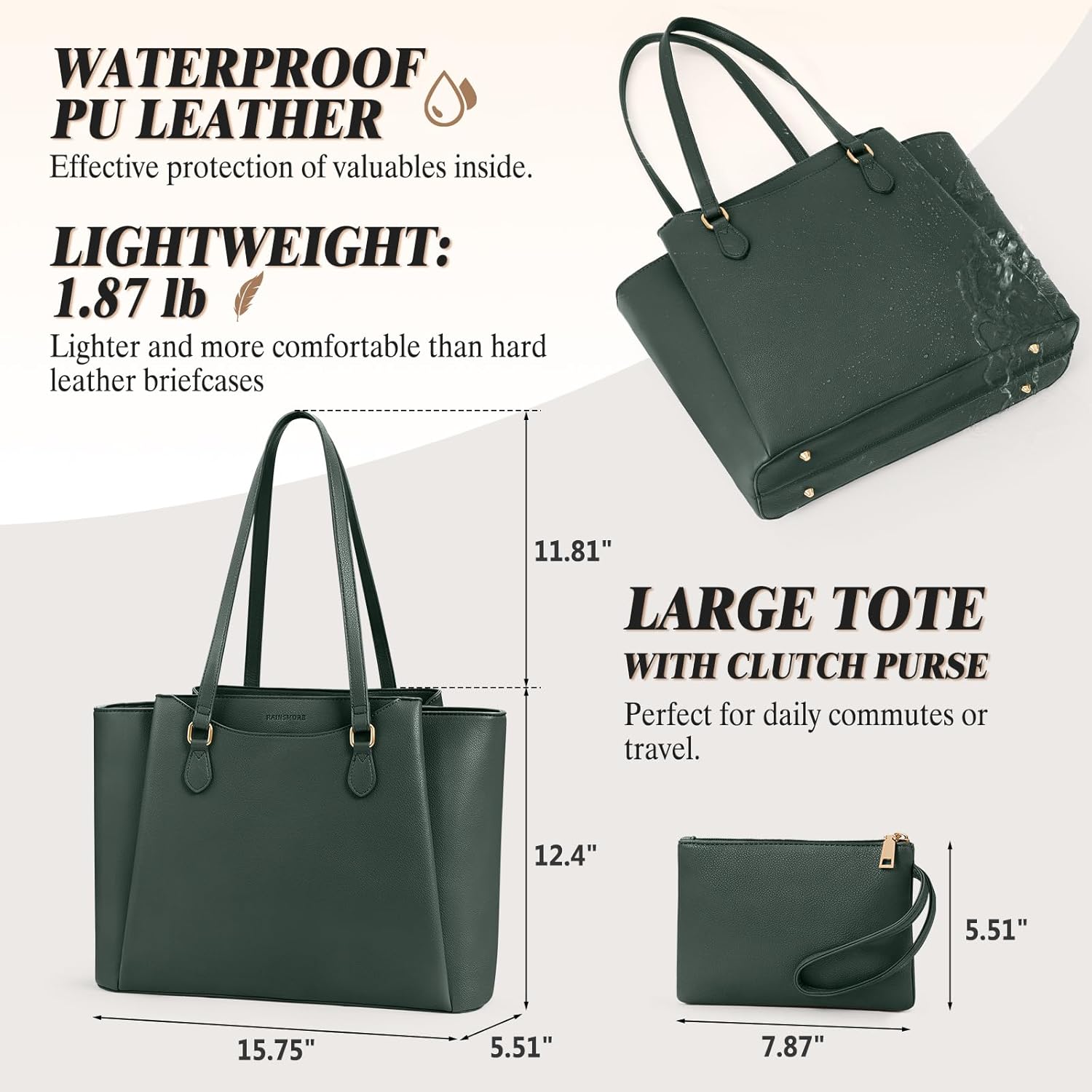 RAINSMORE Laptop Bag for Women 15.6 Inch Work Tote Bags Waterproof Computer Bags Leather Professional Laptop Purse Womens Laptop Briefcase Large Handbag for Office Teacher Travel, Green