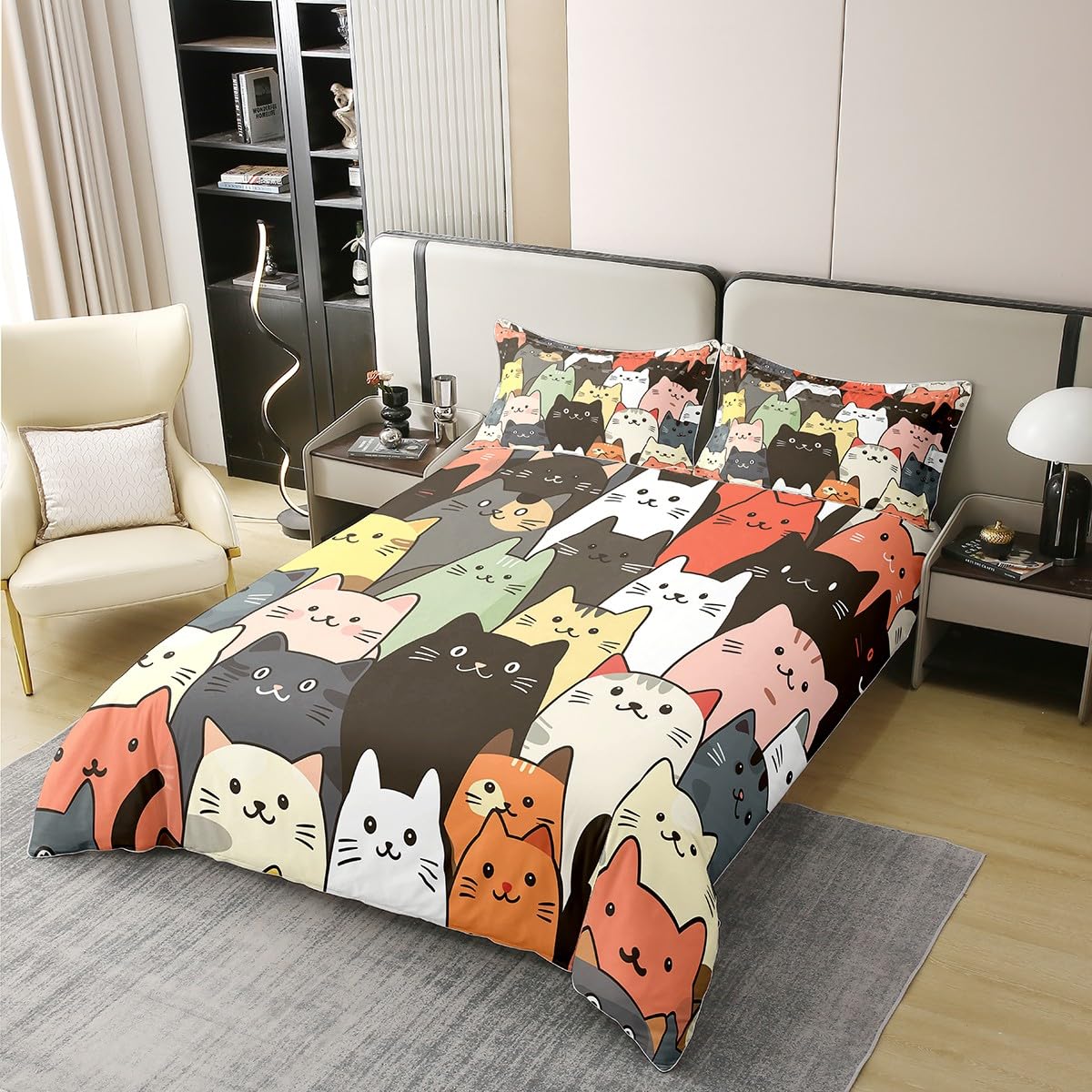 Housse de couette chat 100% coton avec taie d'oreiller, linge de lit géométrique pour fille