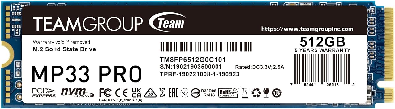 TEAMGROUP MP33 PRO 512GB SLC Cache 3D NAND TLC NVMe 1.3 PCIe Gen3x4 M.2 2280 Internal SSD (Read Speed up to 3500MB/s) 256TBW Compatible with Laptop & PC Desktop TM8FPD512G0C101