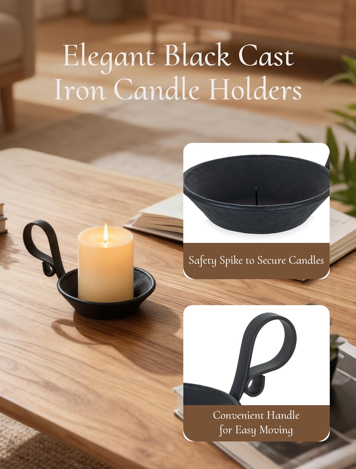 Iron Pillar Candle Holder: 4.6 in Gold Candle Plate Brass Pedestal Stand Vintage Decorative Tray for 3 Wick Jar Candles Tealight Votive Table Home Christmas Set of 2 (Black-with Spike, 2 Pcs)