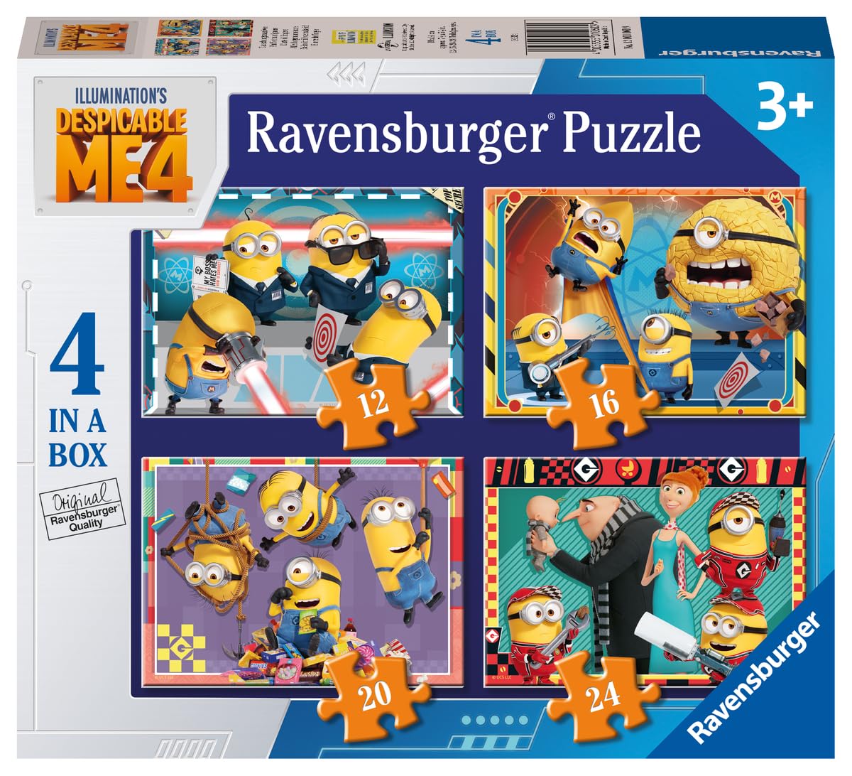 Ravensburger - Puzzle Cattivissimo Me 4, Collezione 4 in a Box, Idea Regalo per Bambini 3+ Anni, Gioco Educativo e Stimolante, 4 Puzzle 12-16-20-24 Pezzi, 19x14 cm