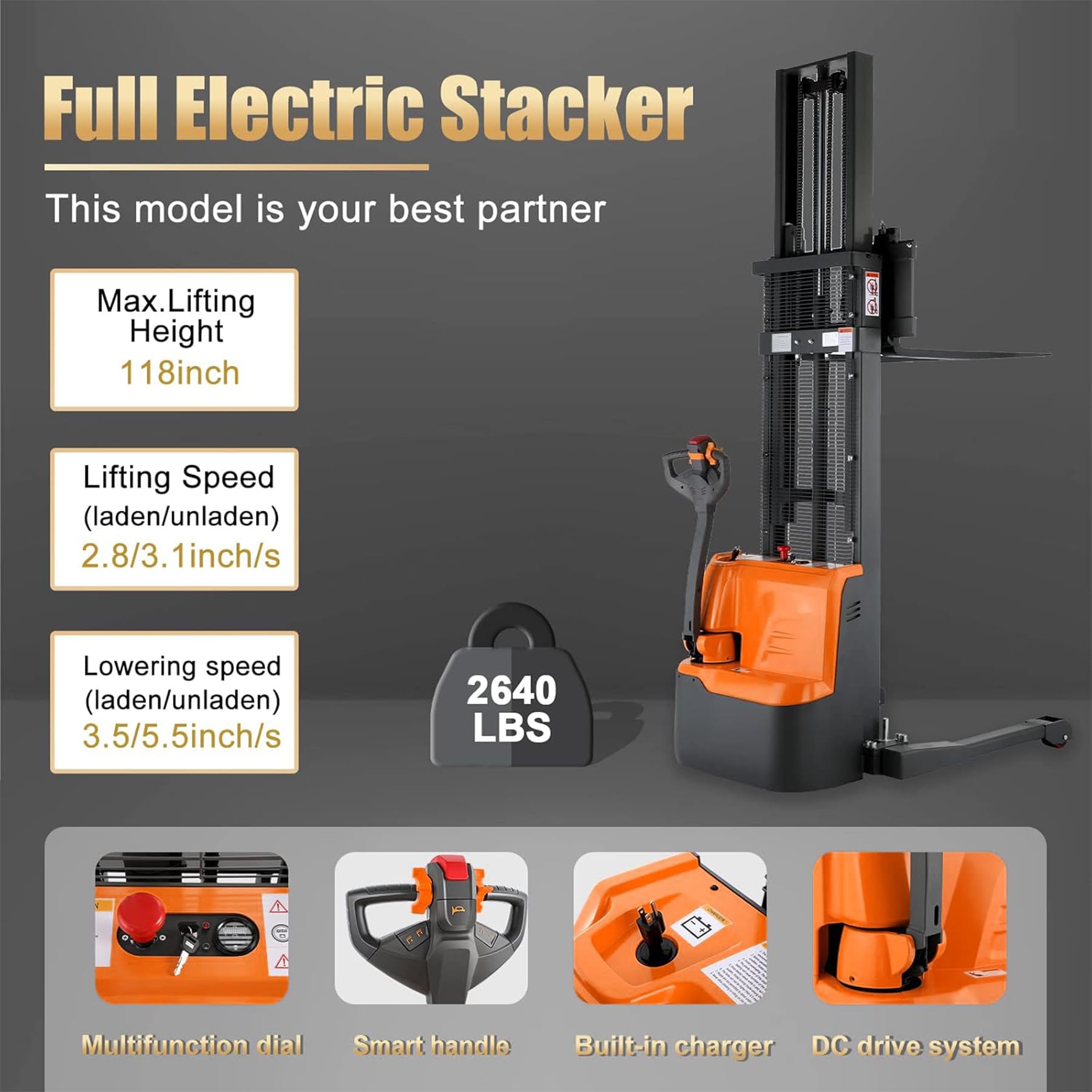 Aequanta Full Electric Stacker Drive Forklift with Straddle Legs Material Lifter Adjustable Forks 2640lbs Cap 118
