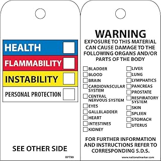 NMC RPT99 Accident Prevention Tag with Color-coded Hazardous Materials Warnings, 6" Height x 3" Width, Unrippable Vinyl, Blue/Red/Yellow/Black on White (Pack of 25)