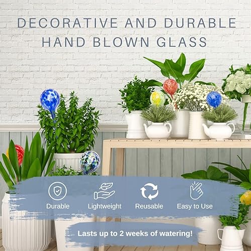 Miniatura 5 de Lexi Home Aqua Globes para plantas de interior y exterior, macetas de riego automático, regadera de vidrio soplado a mano, paquete de 2, color azul