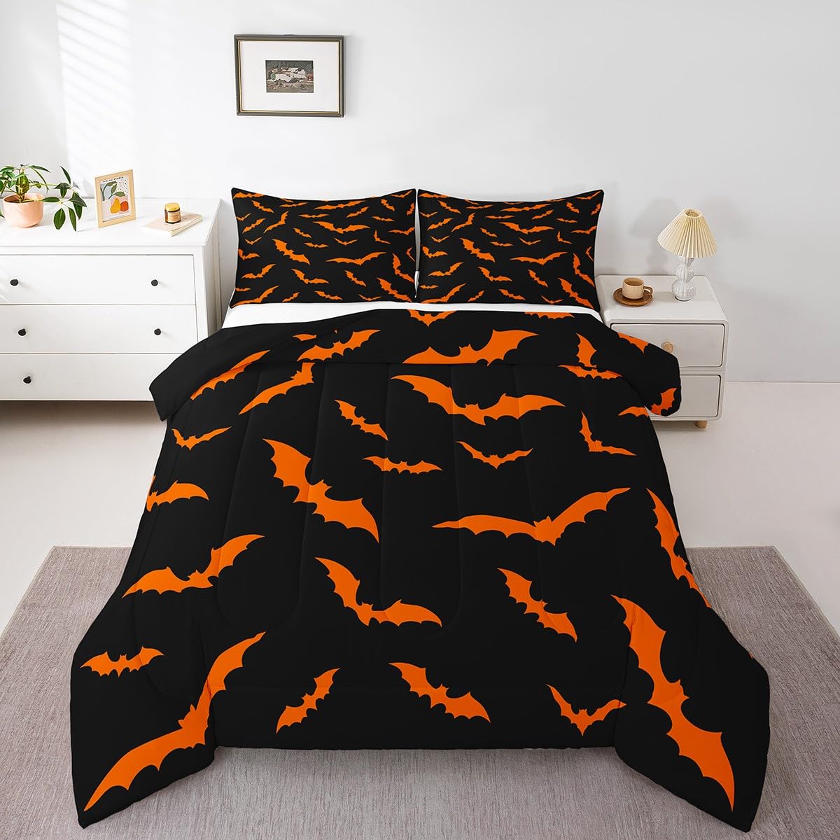 Erosebridal Happy Halloween Quilt Queen Size for Kids Boys Bats Animal Silhouette Comforter Set Orange Bats Animal Bedding Set Gothic Spooky Down