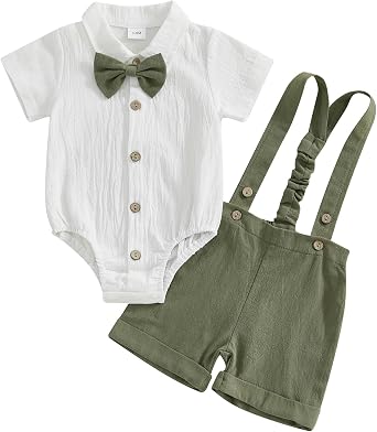 Newborn Baby Boy Summer Outfit Gentleman Bowtie Short Sleeve Romper Shirt Suspender Shorts Suit Infant Clothes Set