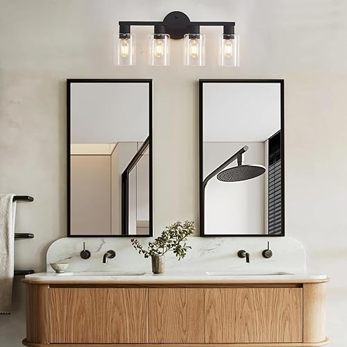 Miniatura 4 de Lámpara de tocador de baño de 4 luces, lámparas de baño negro mate con pantalla de vidrio transparente, 4 luces de tocador, accesorios de