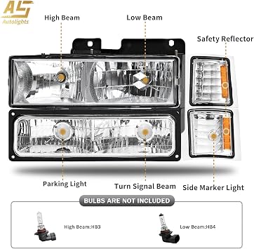 AS Headlights Assembly For 1994 1995 1996 1997 1998 Chevy Silverado / 94 95 96 97 98 Tahoe/Suburban/C10 Chrome Housing Headlight+Corner+Bumper Lights Pair