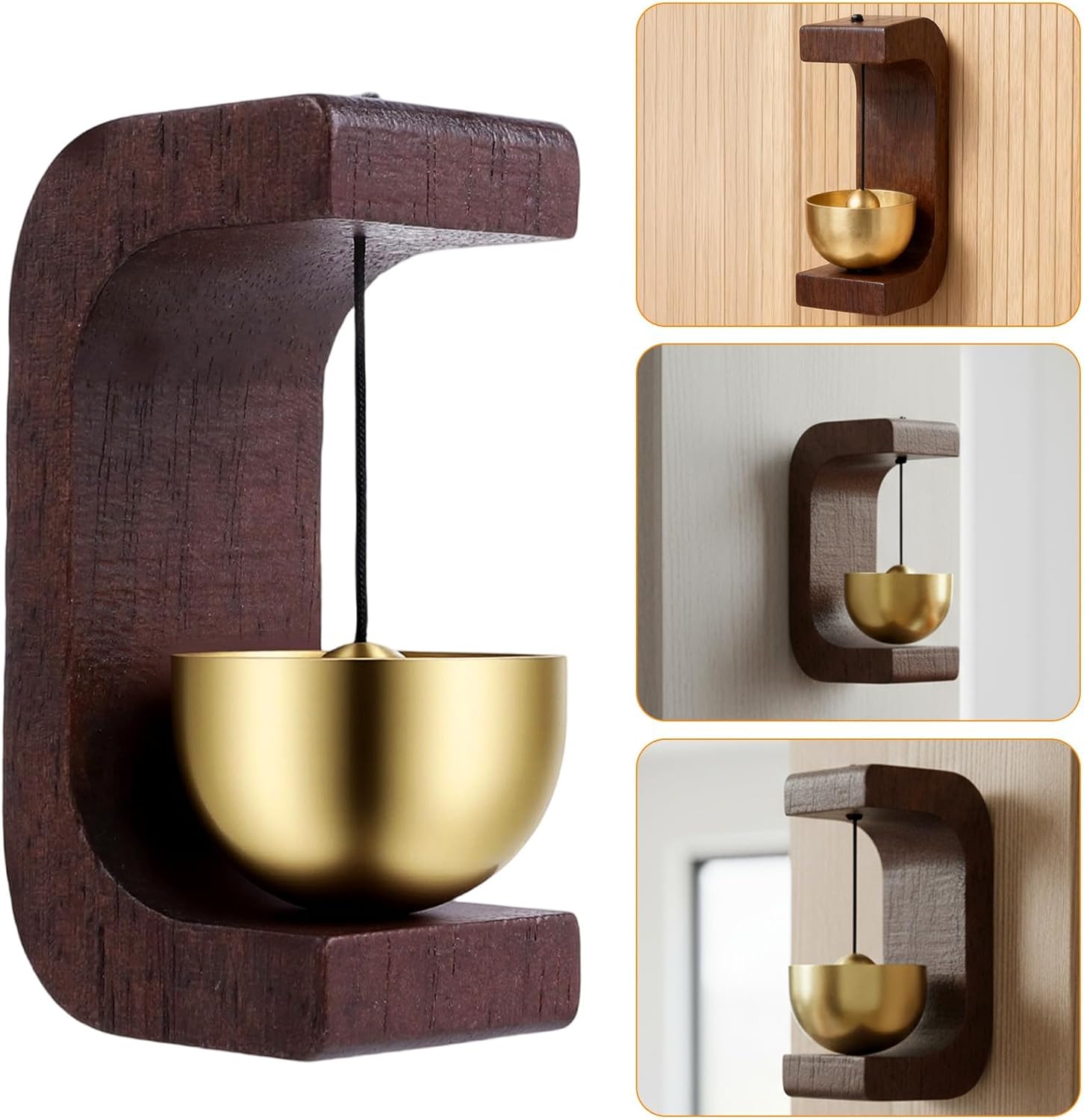 Magnetic Wooden Wind Chime Doorbell Decoration, Magnetic Doorbell Chime with Self-Adhesive Dots, C Shape Door Bell for Doors Opening Decoration (Brown)