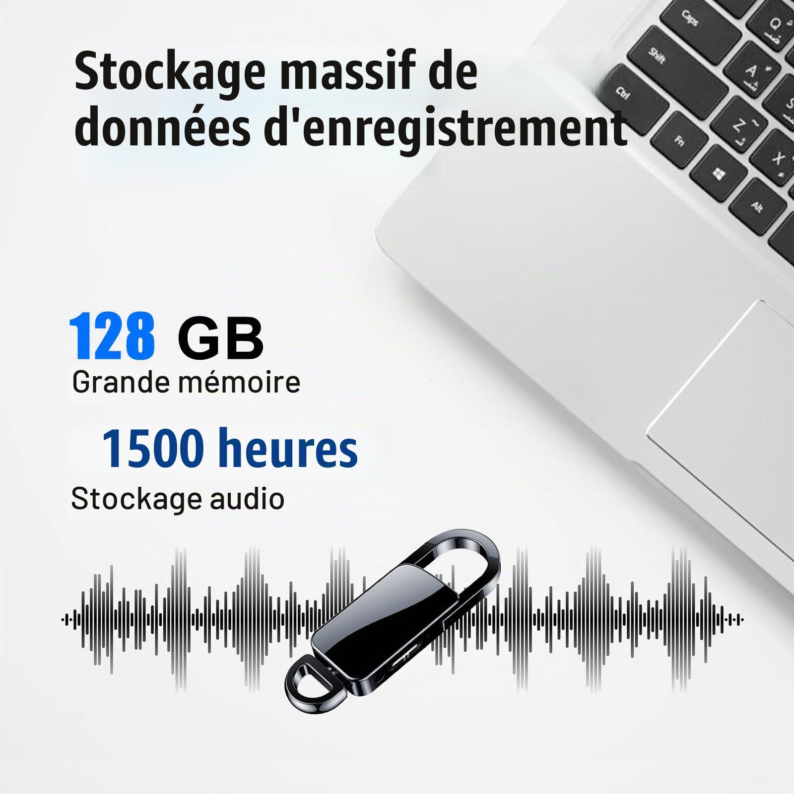 Enregistreur Vocal Mini 128 Go,Enregistreur Vocal Activé avec Lecture, Triple Réduction du Bruit, Mémoire Audio 1500H et Autonomie de Batterie de 8Heures pour Réunions,Interview